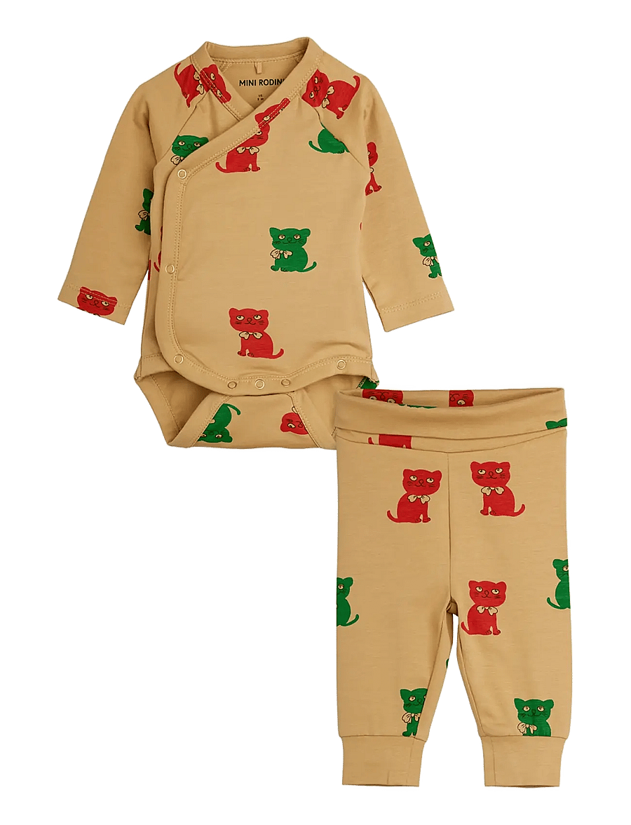 Mini Rodini - Kittens aop nb baby set - komplektid bodiga - beige - 0