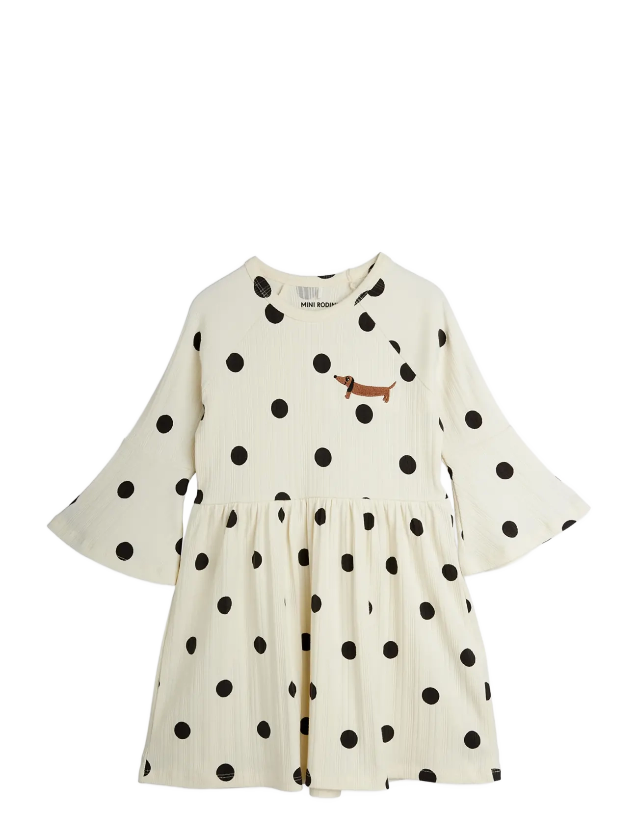Mini Rodini Dots Aop Dog Trumpet Sleeve Dress, 68/74, Casual Dresses, Creme - Long-sleeved Kinder