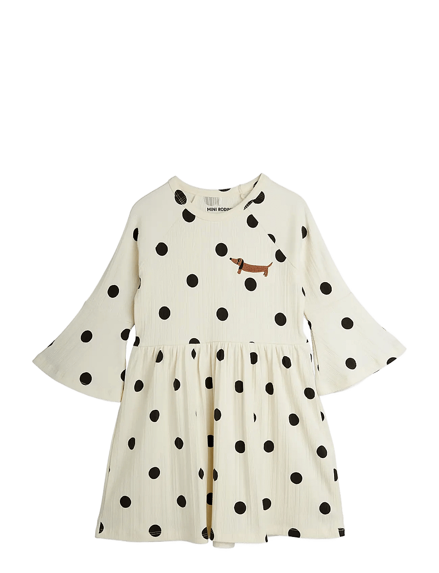 Mini Rodini - Dots aop dog trumpet sleeve dress - långärmade babyklänningar - offwhite - 0