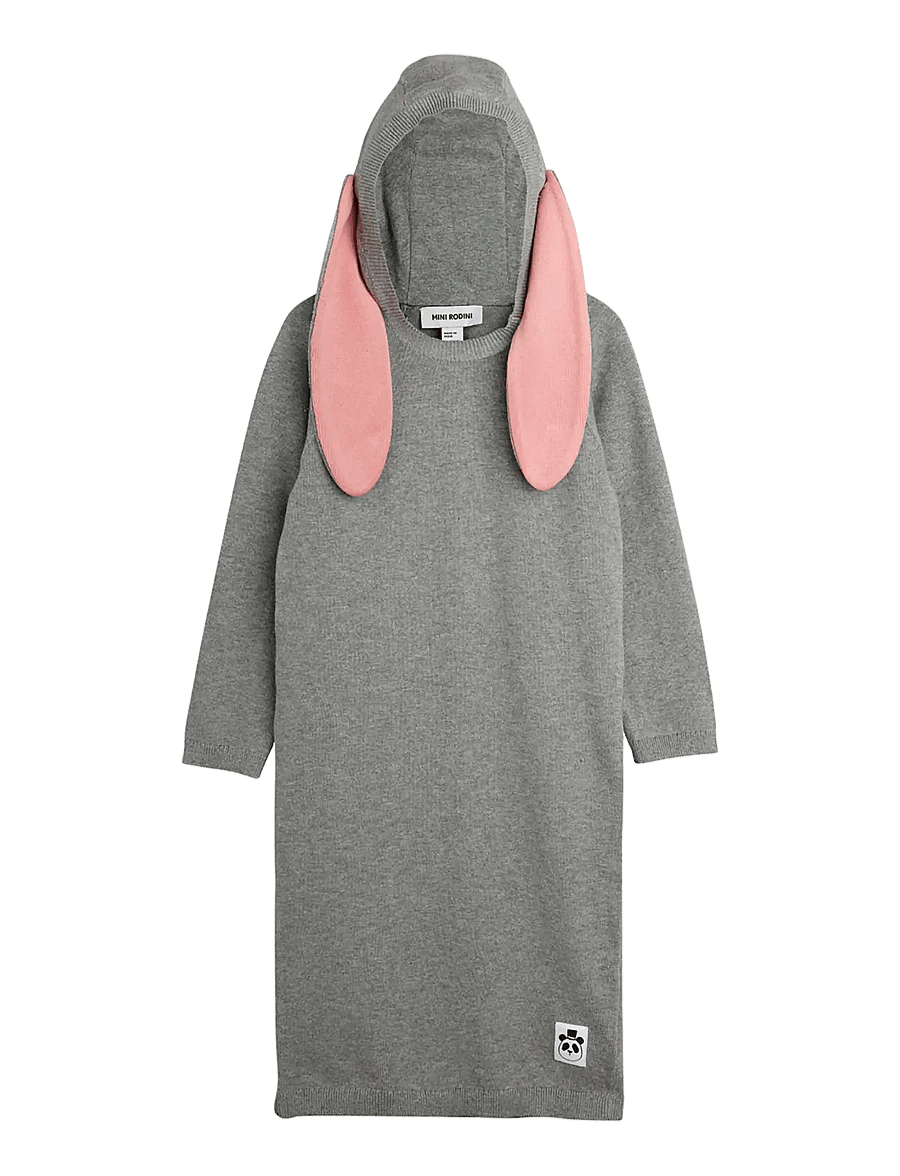 Mini Rodini - Rabbit ear fine knit dress - langærmede babykjoler - grey melange - 0