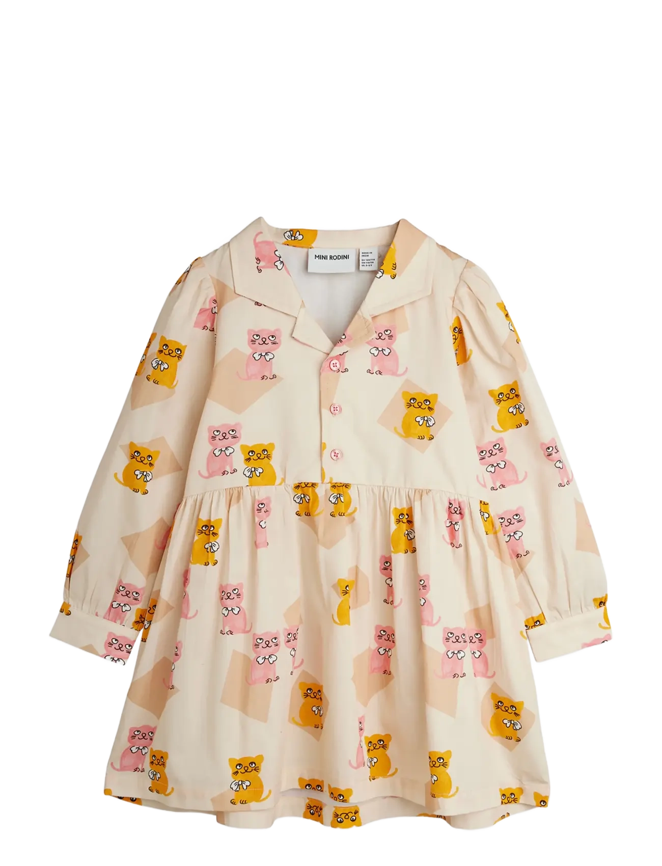 Mini Rodini Kittens Aop Woven Ls Dress, 92/98, Casual Dresses, Creme - Long-sleeved Kinder