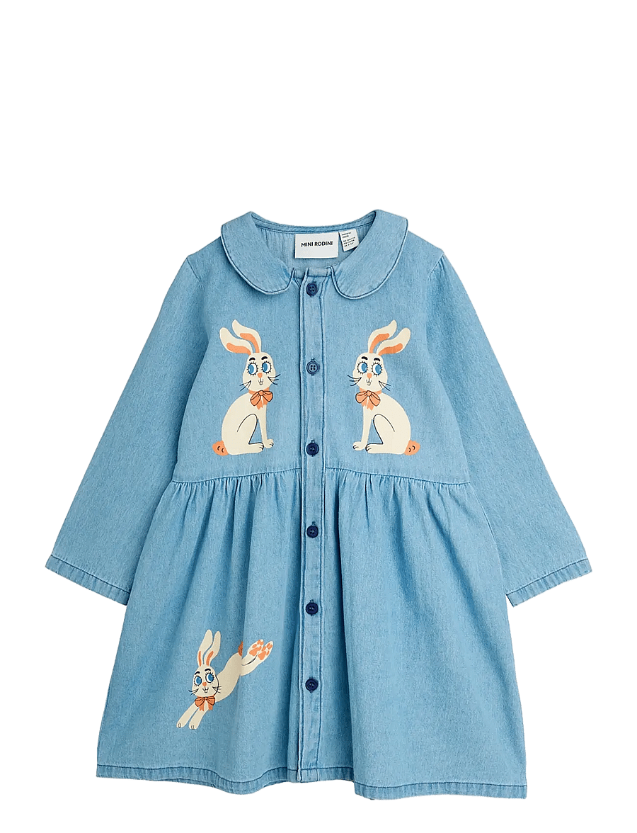 Mini Rodini - LW denim rabbit sp woven dress - pikkade varrukatega beebikleidid - blue - 0