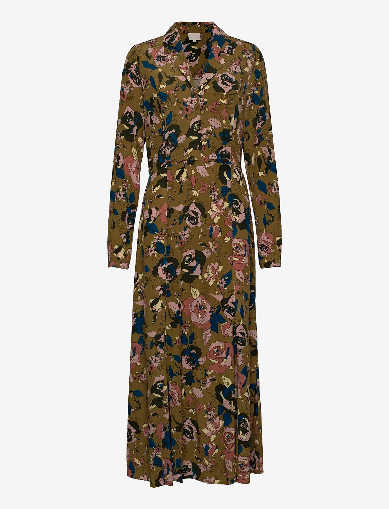 Minus - Vivie long dress - sukienki koszulowe - olive soft rose print - 0