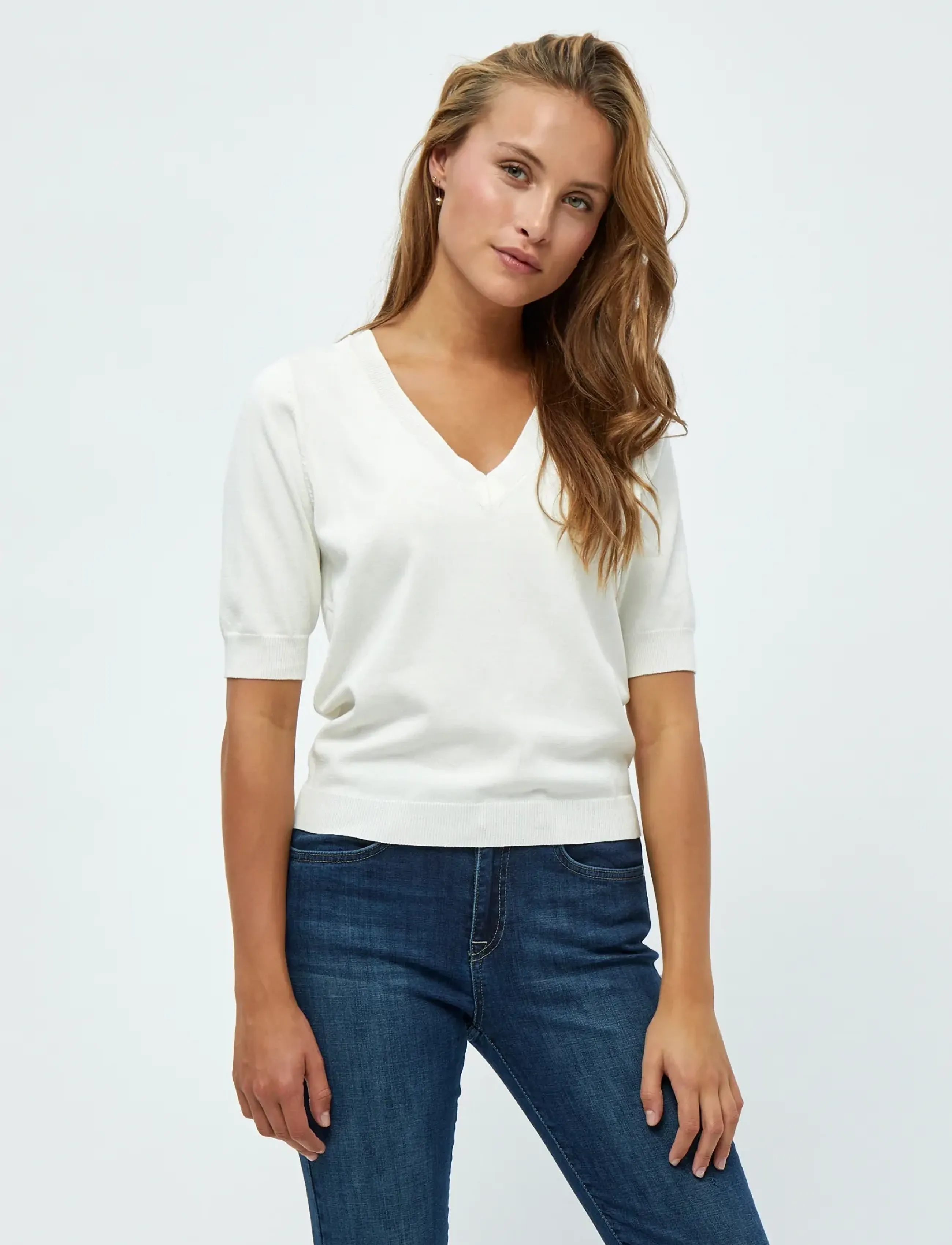 Minus Milla V-Hals Strik T-Shirt, L, White, Strik > Trøjer, Dame