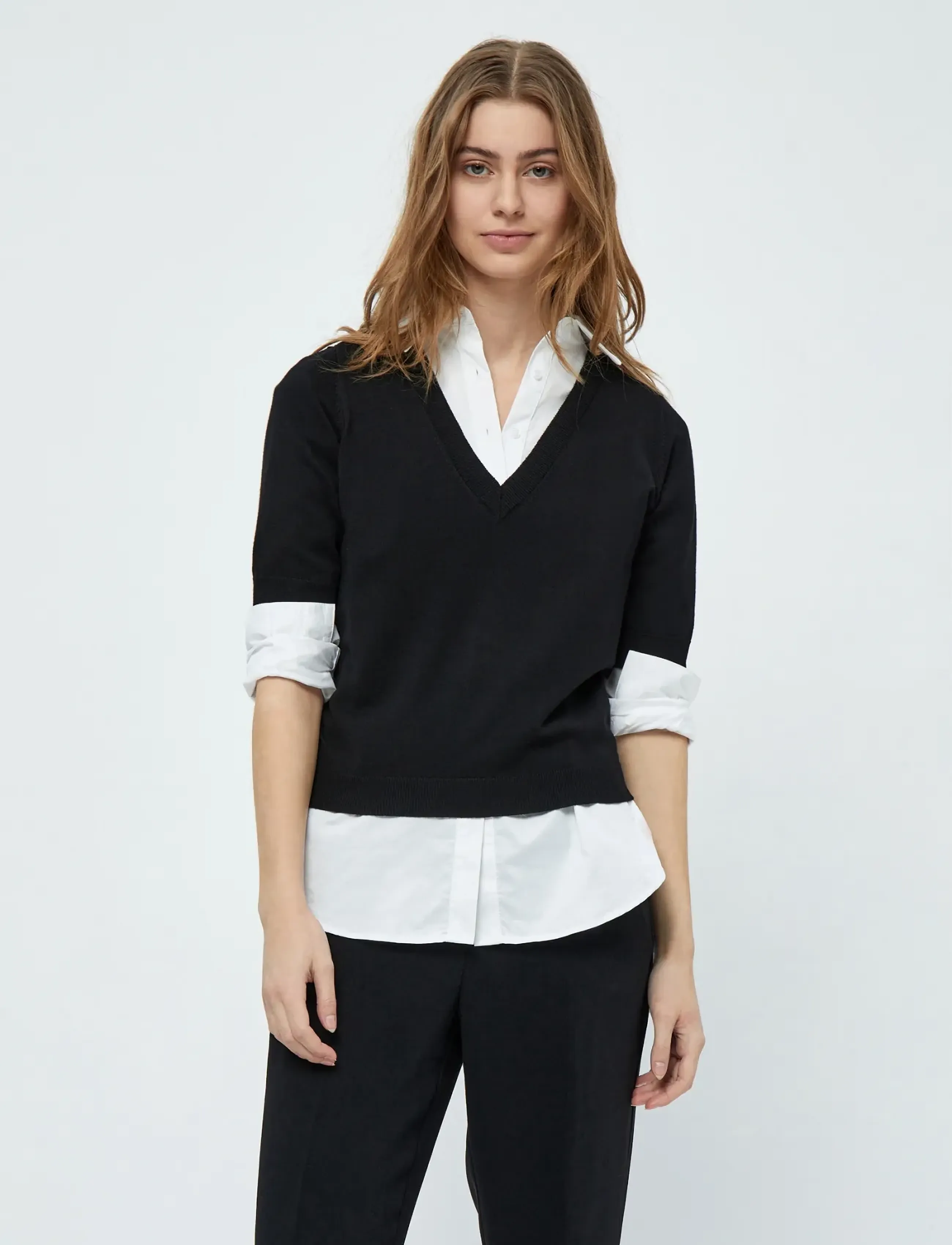 Minus Milla V-Hals Strik T-Shirt, Kvinder, V-Hals Strik T-Shirt, Sort, Str: XL