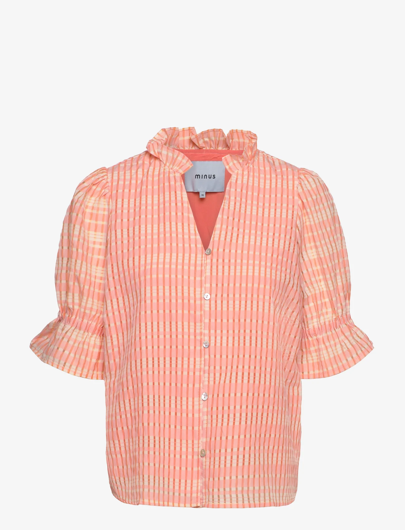 Minus - Vendia Bluse - short-sleeved blouses - orange peel checked - 0