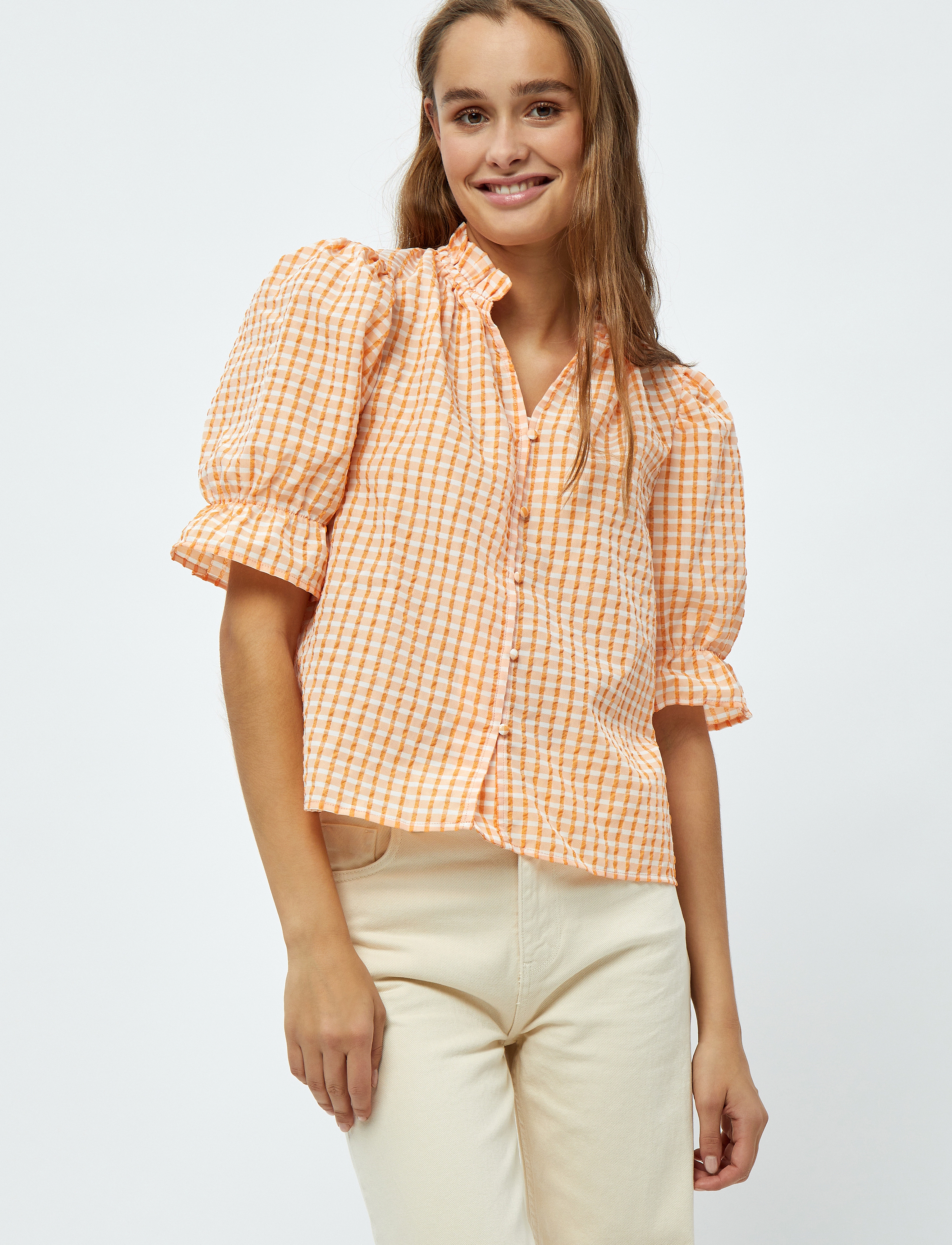 Minus - Vendia Bluse - orange peel checked - 2