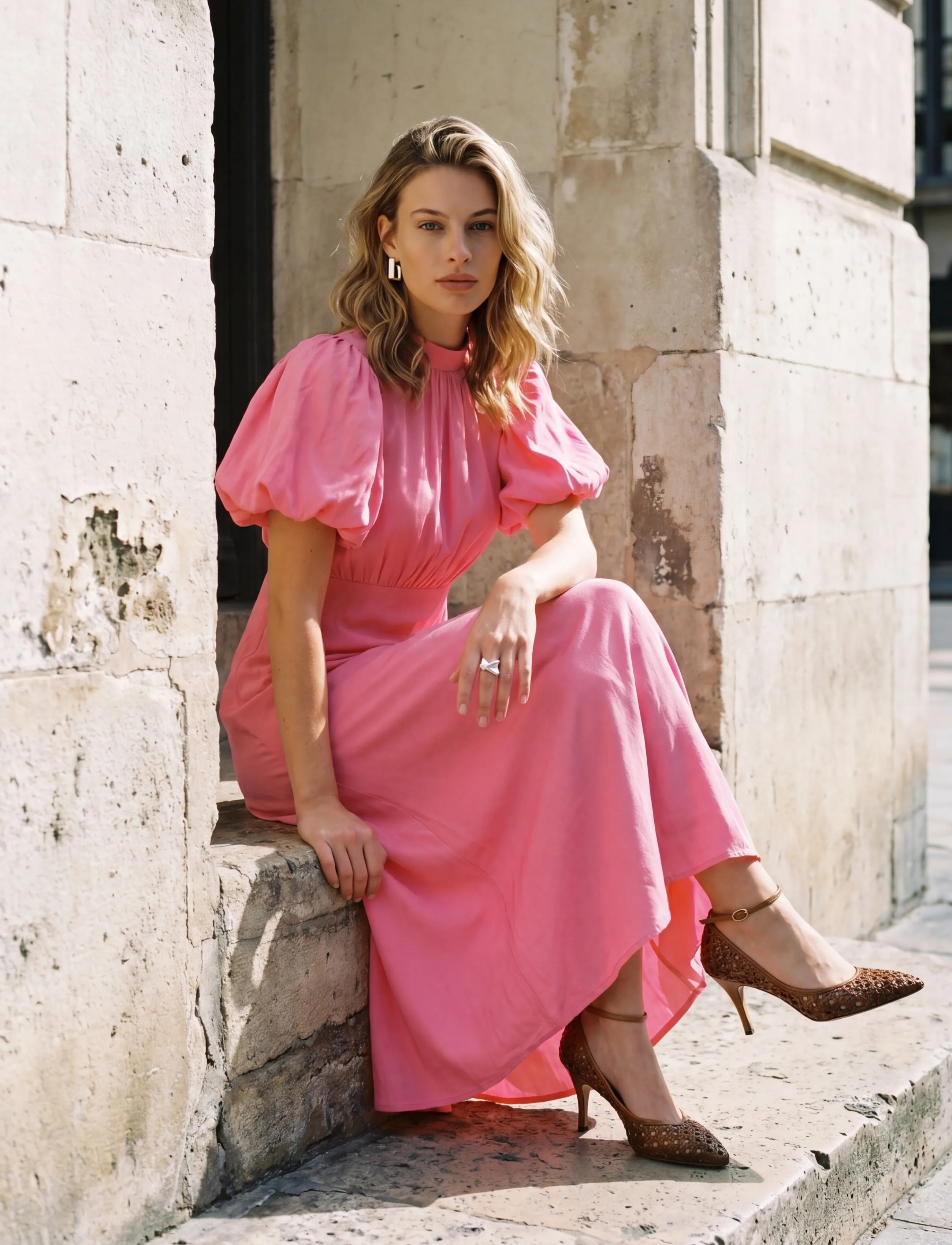 Minus Msalicia Puff Short Sleeve Open Back, 38, Dresses, Rosa - Knee-length & Midi, Frauen