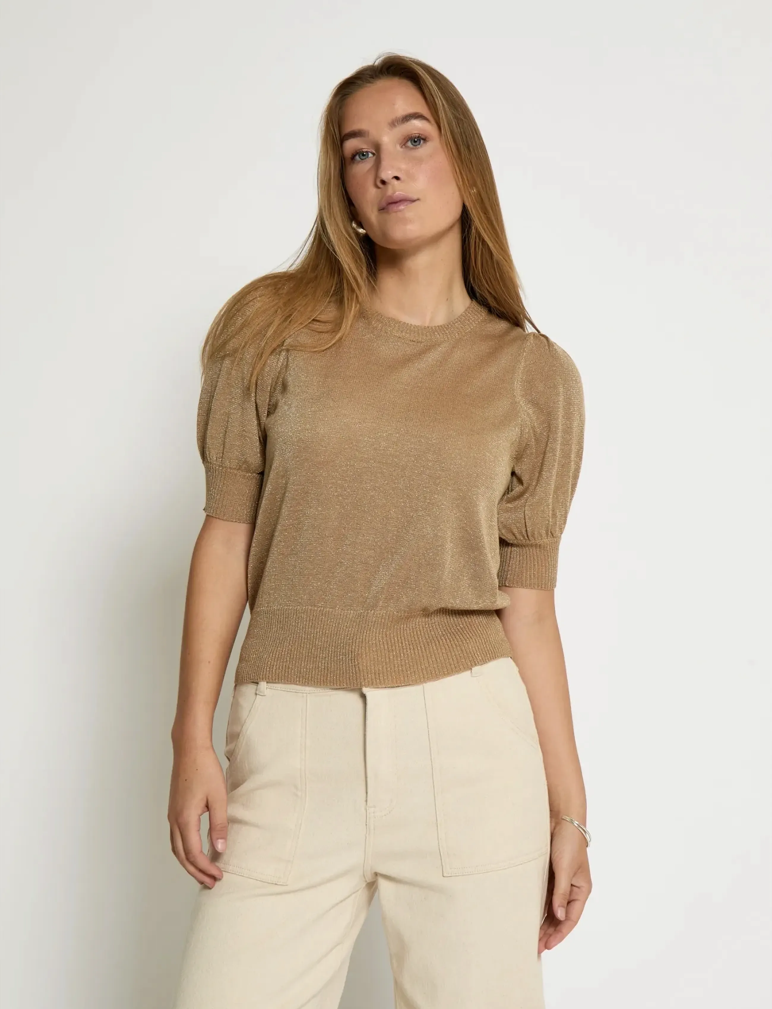 Minus Msliva Puff Sleeve Metallic Knit Pullover, XS, Beige, Strik > Trøjer, Dame