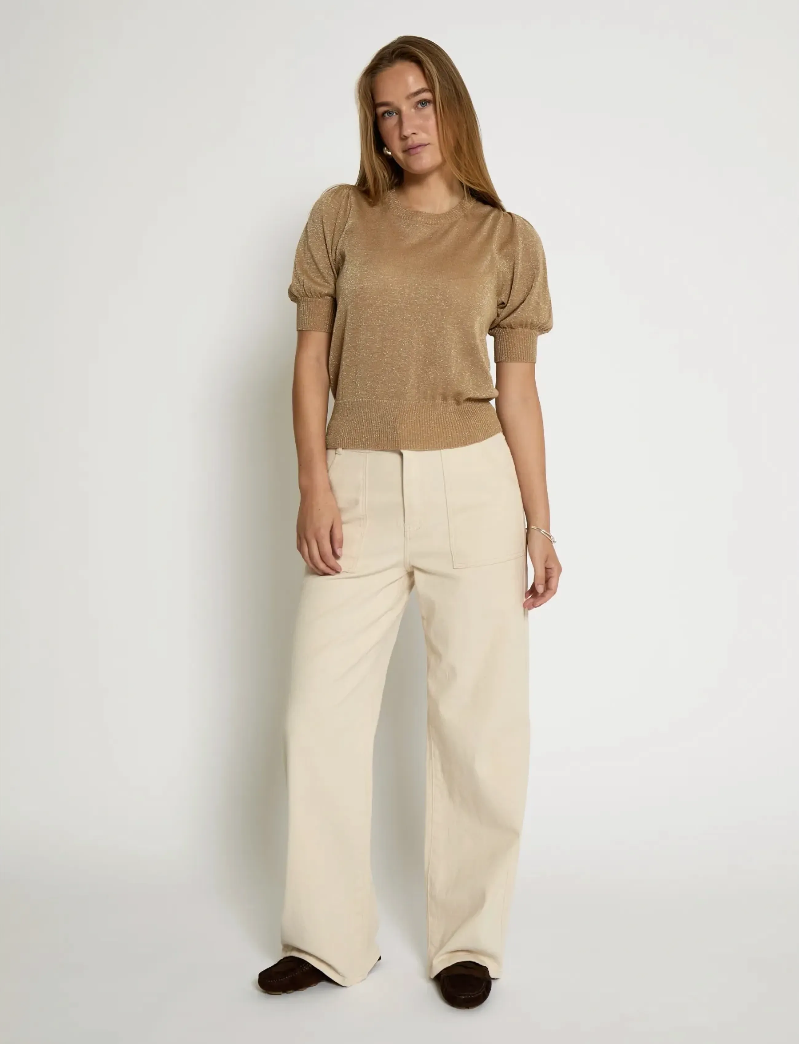 Minus - MSLiva Puff Sleeve Metallic Knit Pullover - pulls - tan metal. - 4