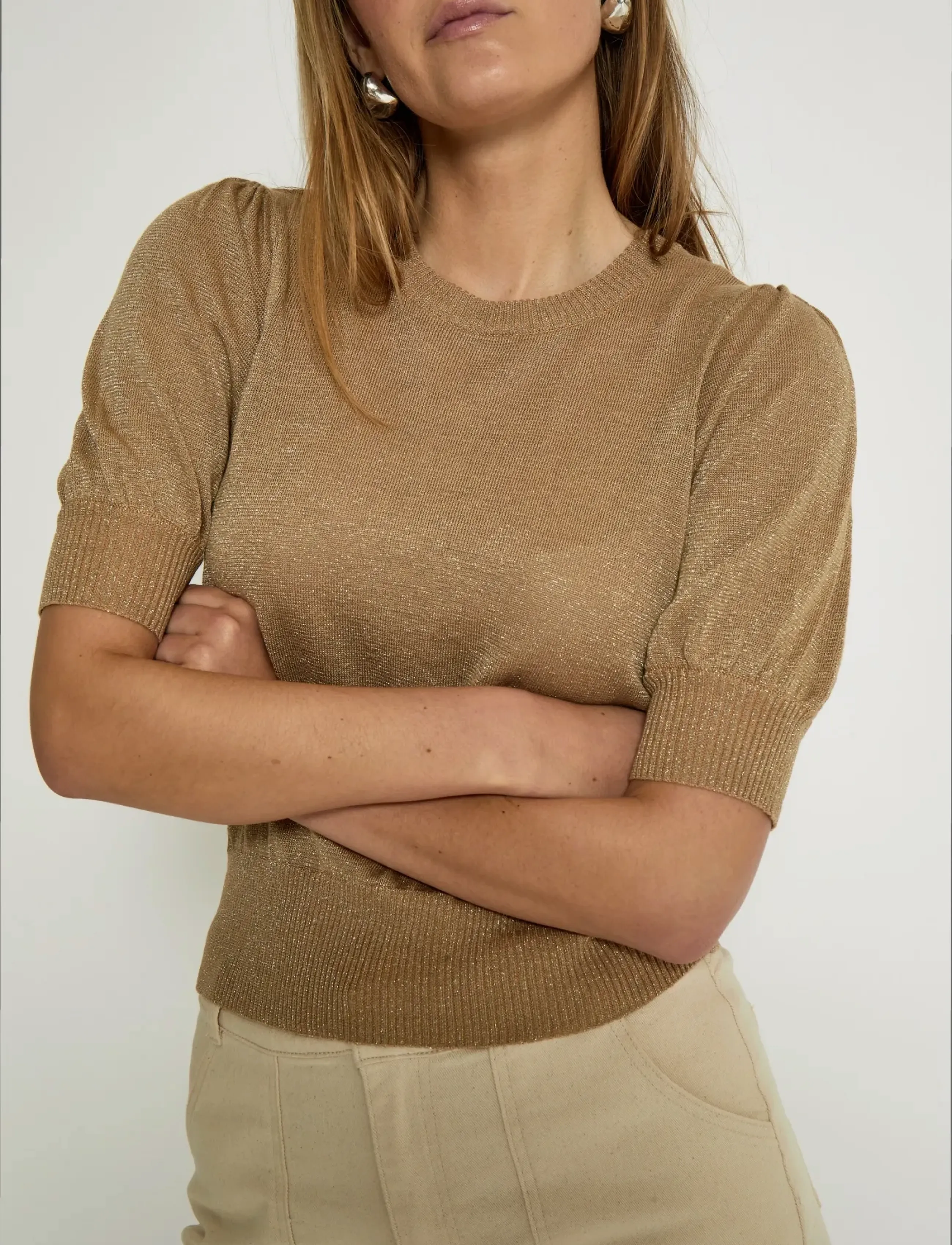 Minus - MSLiva Puff Sleeve Metallic Knit Pullover - pulls - tan metal. - 5