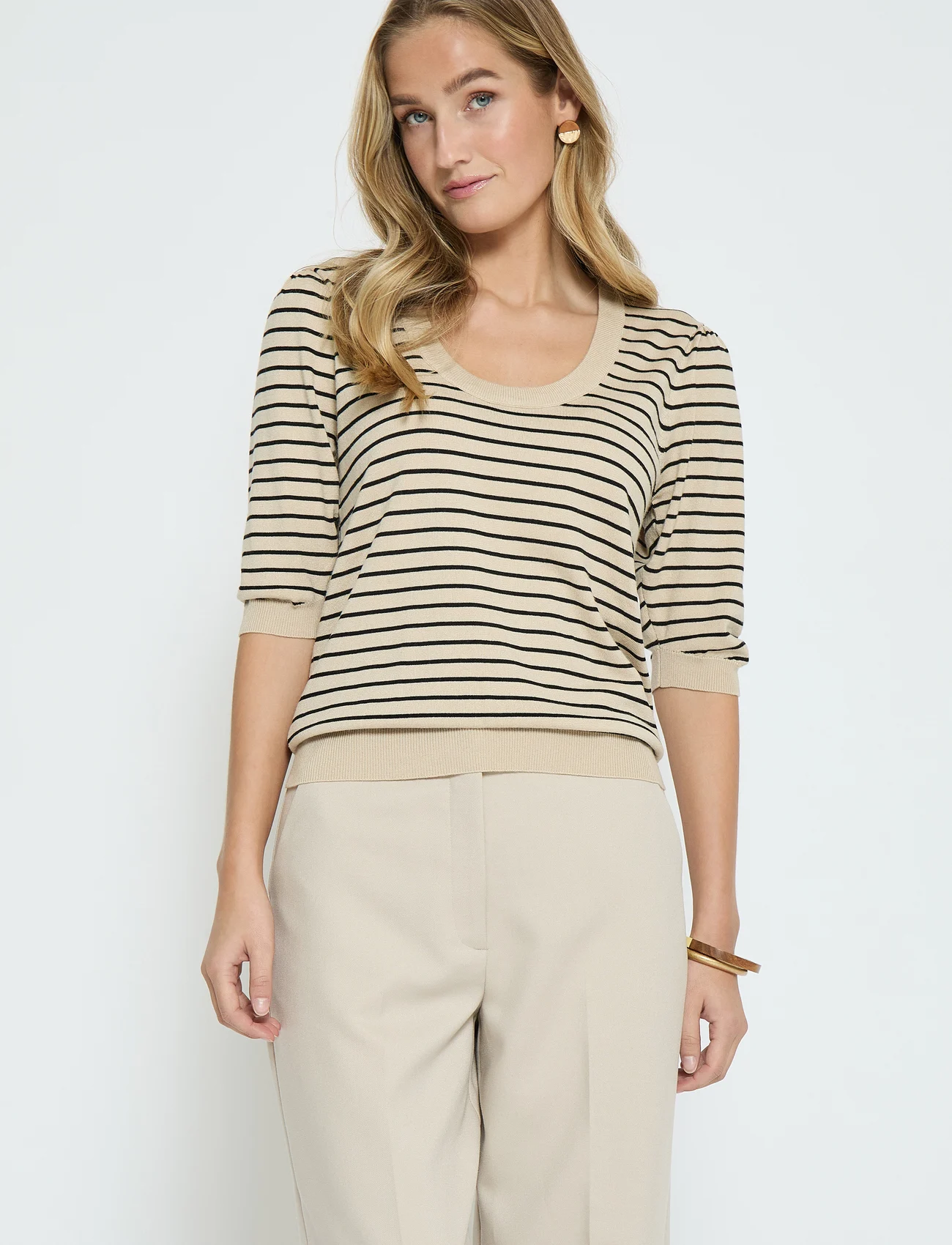 Minus - MSPam Striped Knit T-Shirt - swetry - sand gray stripe - 0