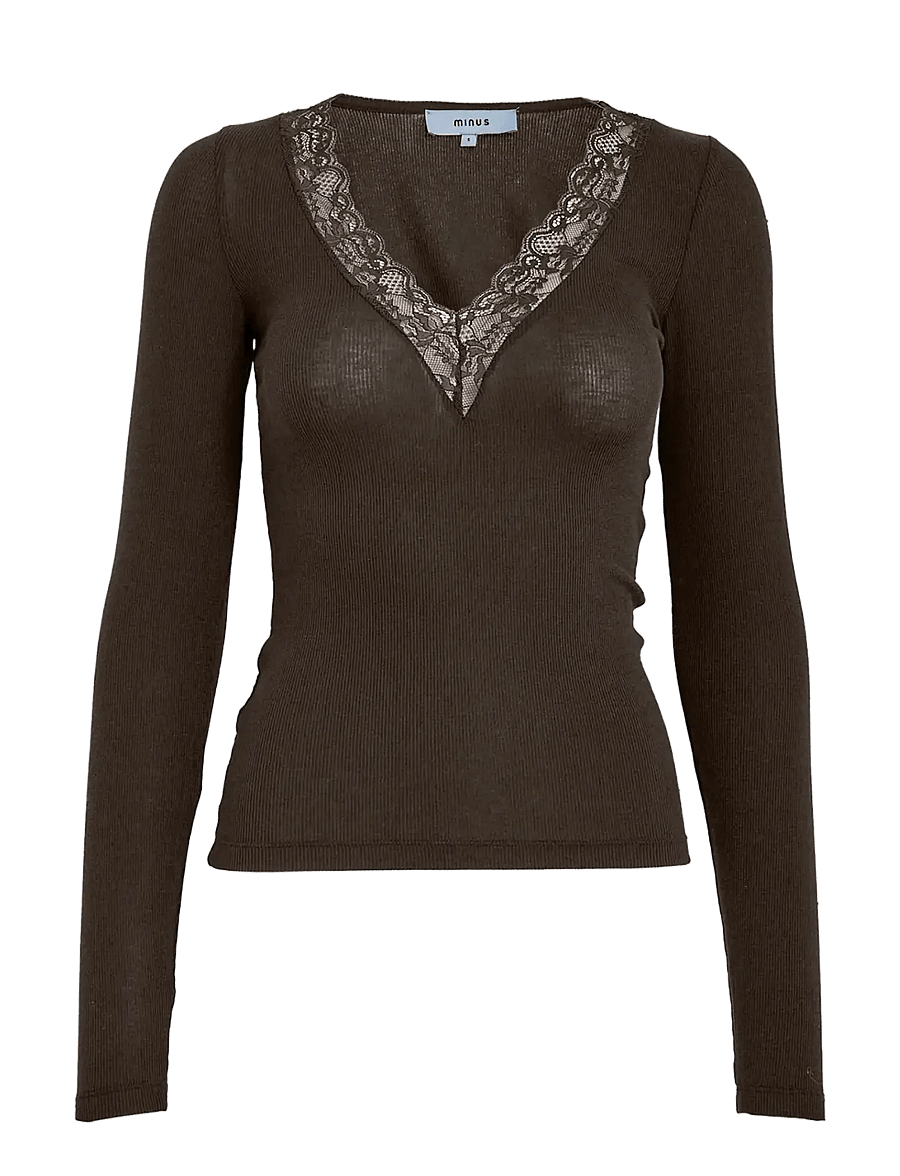 Minus - MSMilli Long Sleeve Lace T-Shirt - långärmade toppar - bracken brown - 0
