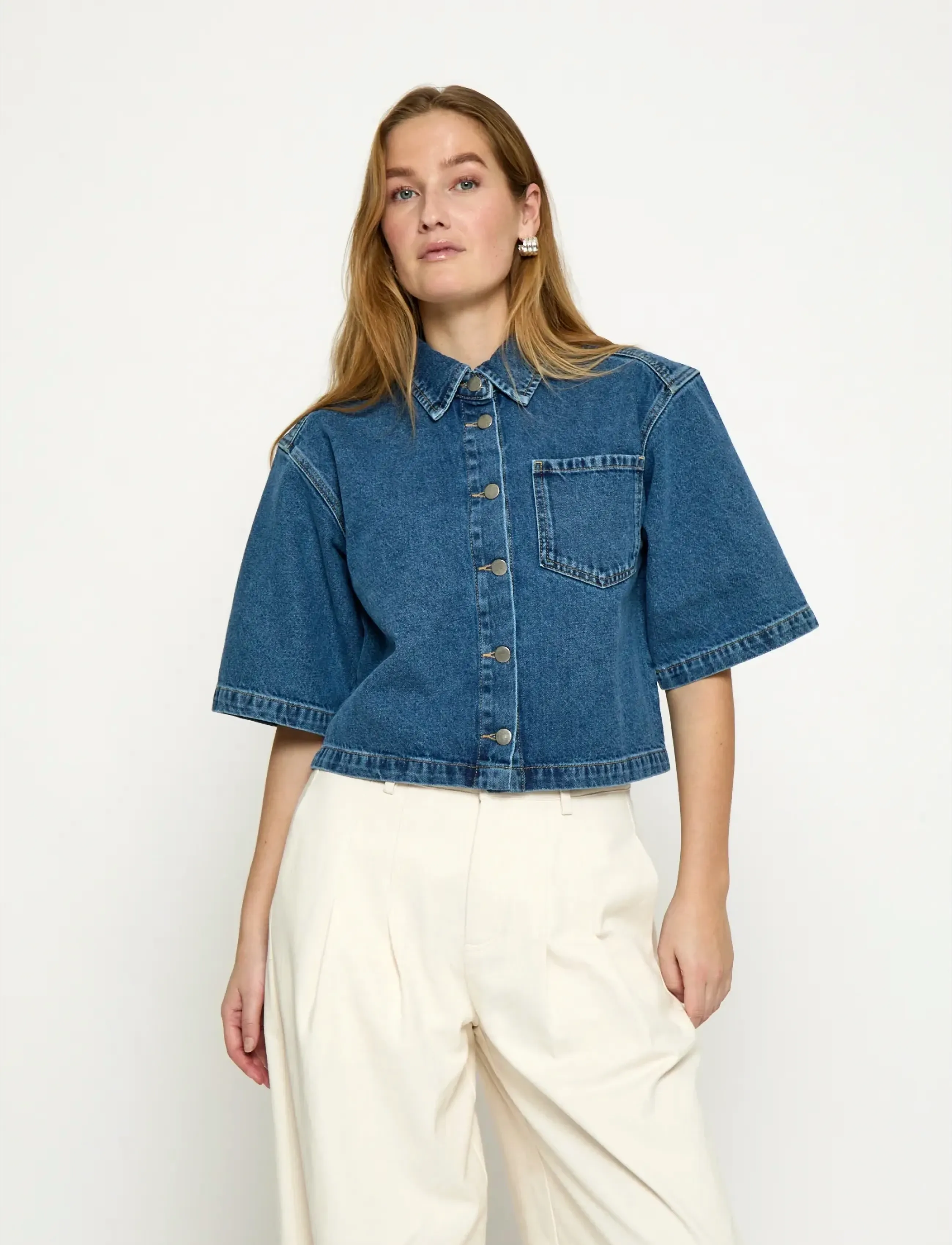 Minus Mskaddi Cropped Shirt, Kvinder, Cropped Kortærmet Skjorte, Blå, Str: 46