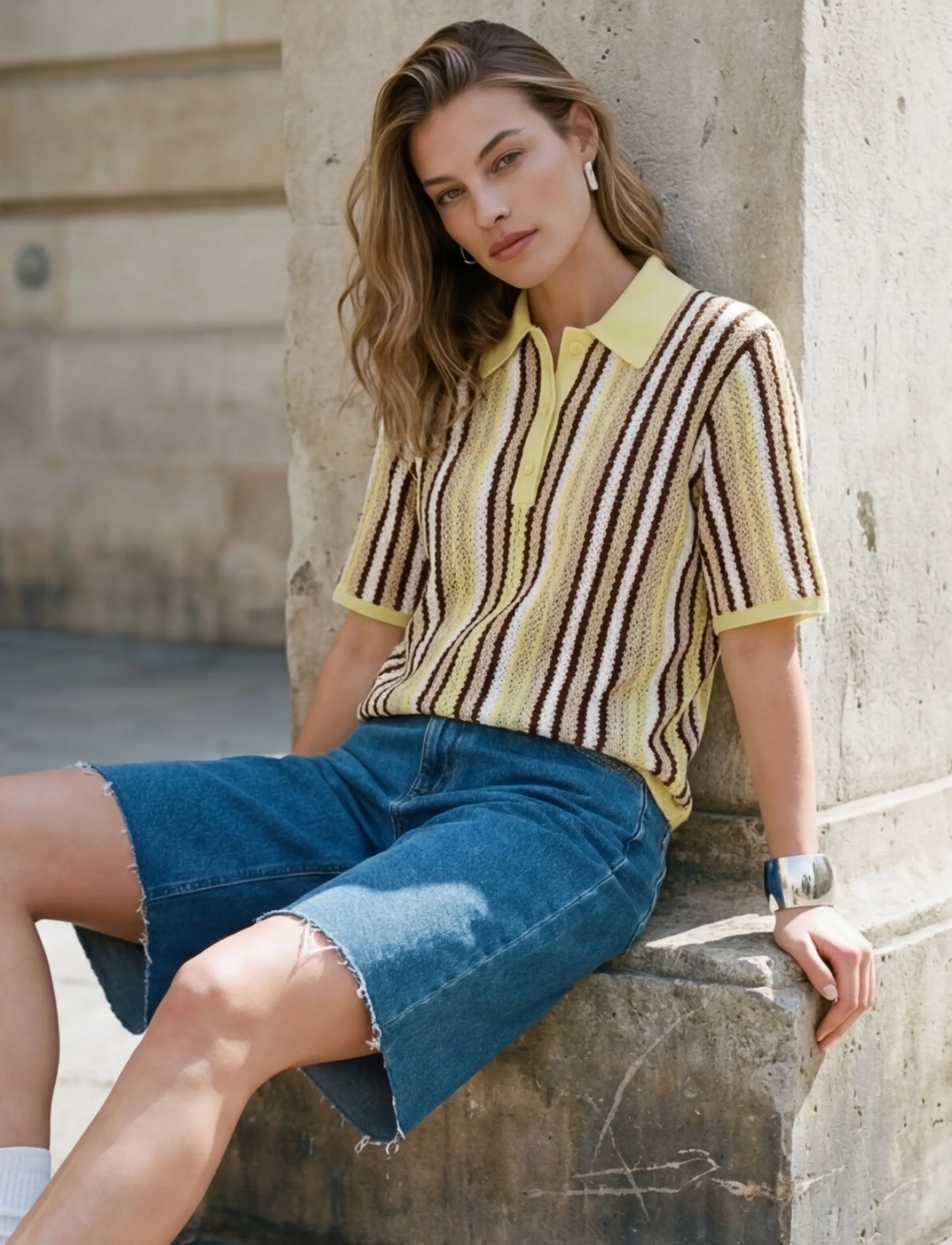 Minus MSKatie Knit T-Shirt - Fatnaður - SOFT YELLOW STRIPE / yellow