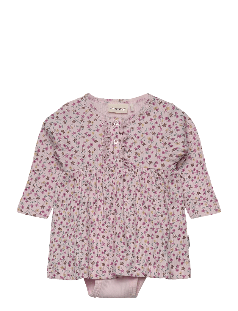 Minymo - Dress LS AOP Rib - långärmade babyklänningar - tender touch - 0