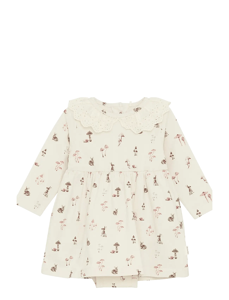 Minymo - Dress LS AOP - long-sleeved baby dresses - sandshell - 1