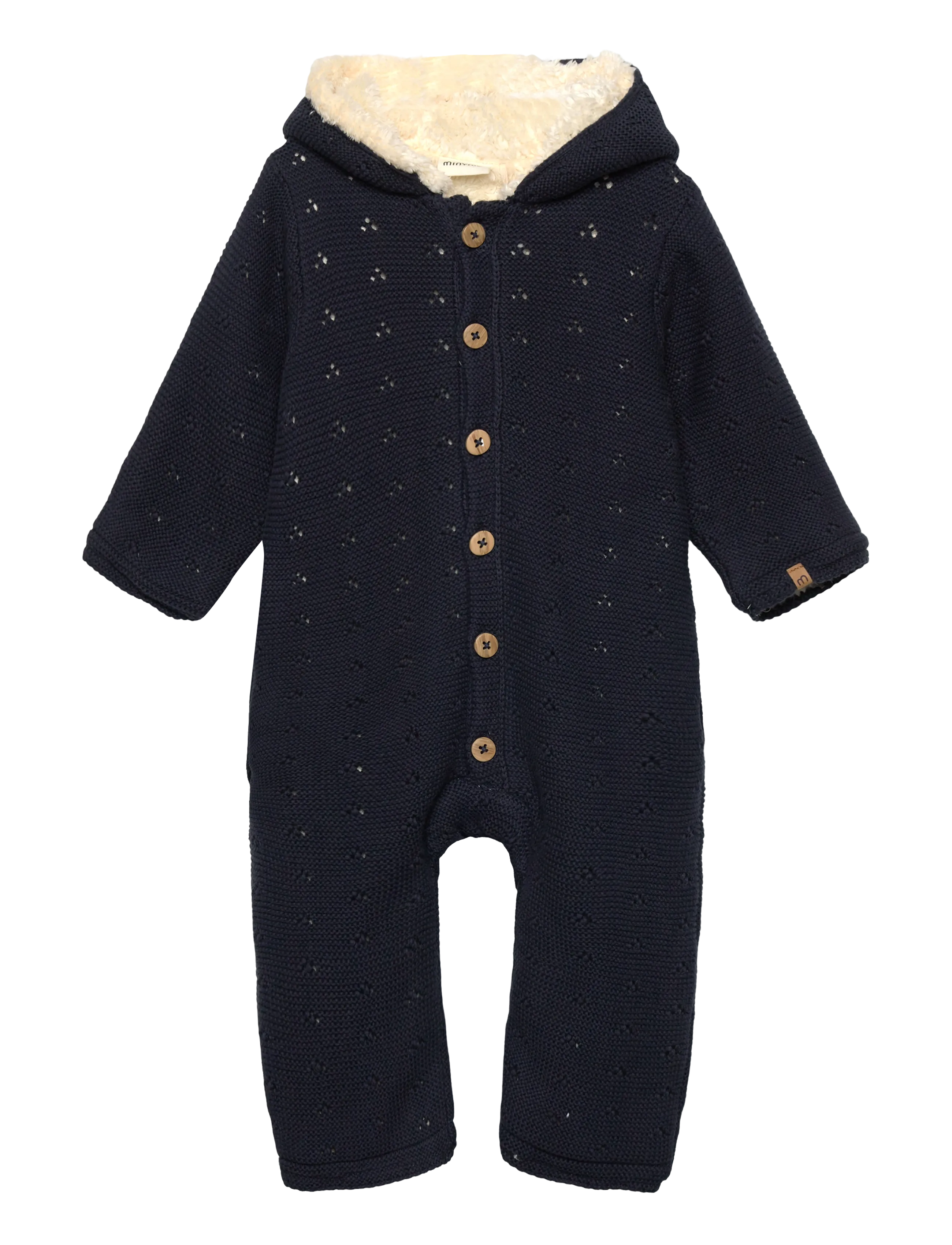 Minymo Suit Knit W. Teddy Lining, Børn, Teddyforet Strikket Overall Med Hætte, Navy, Str: 80