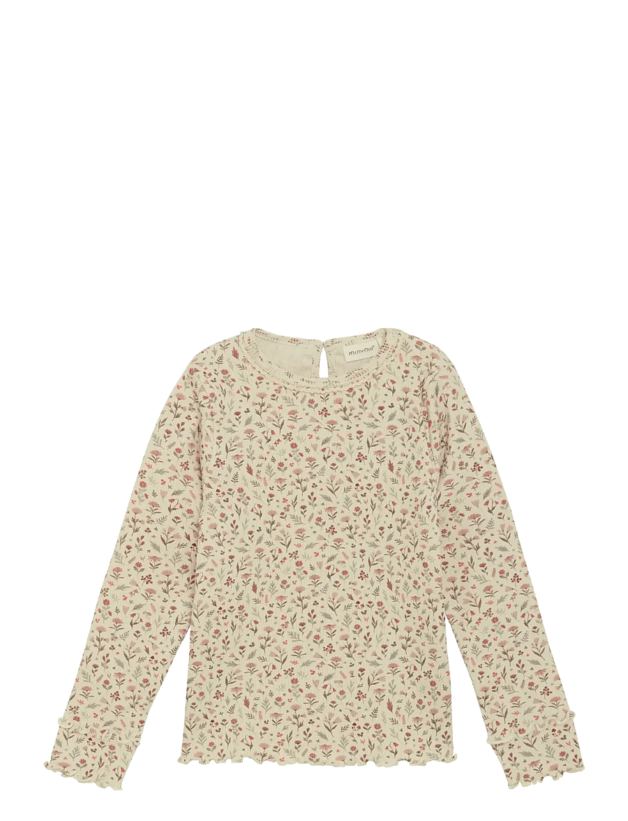 Minymo - T-shirt LS AOP Rib - långärmade t-shirts - sandshell - 1