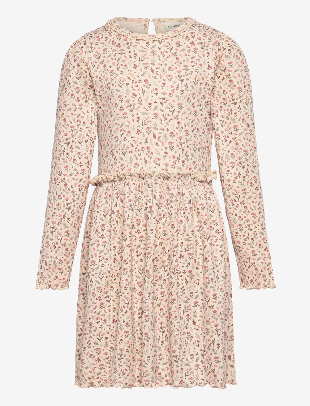 Minymo - Dress LS AOP Rib - langærmede babykjoler - sandshell - 0