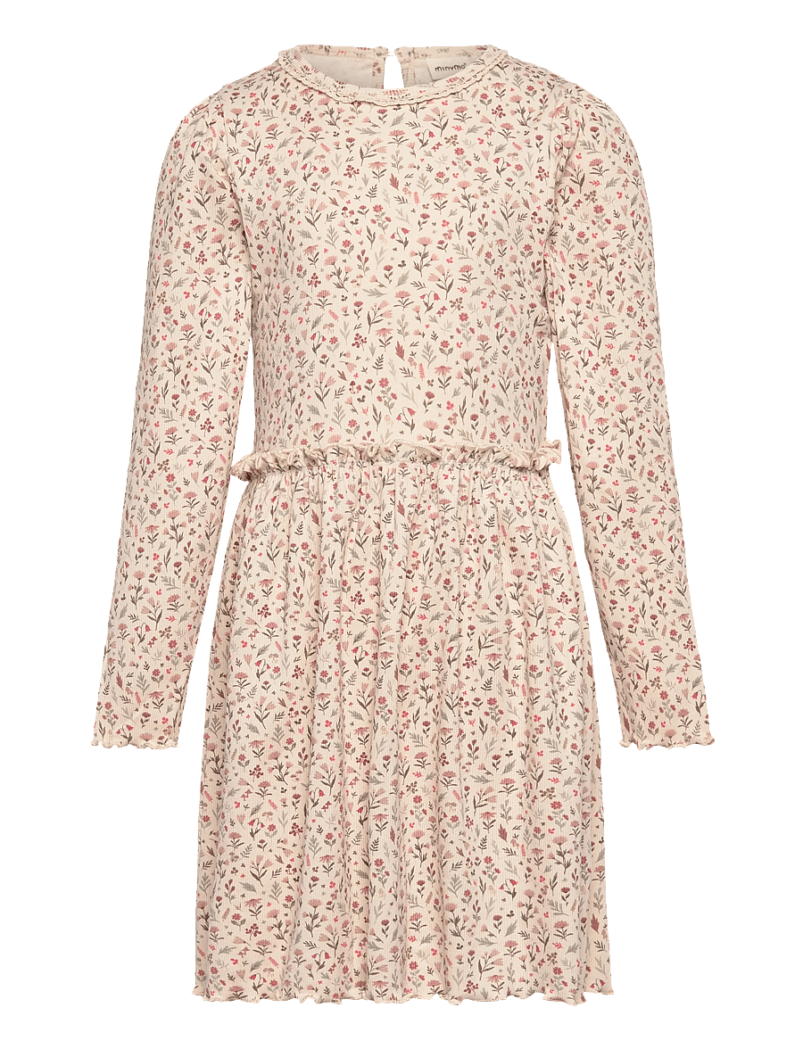 Minymo - Dress LS AOP Rib - langärmelige babykleider - sandshell - 0