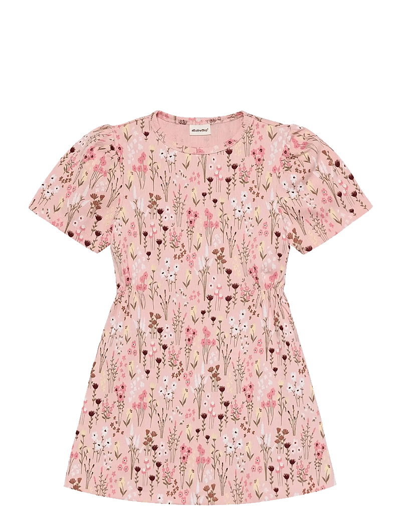 Minymo - Dress AOP Rib - short-sleeved casual dresses - silver pink - 1
