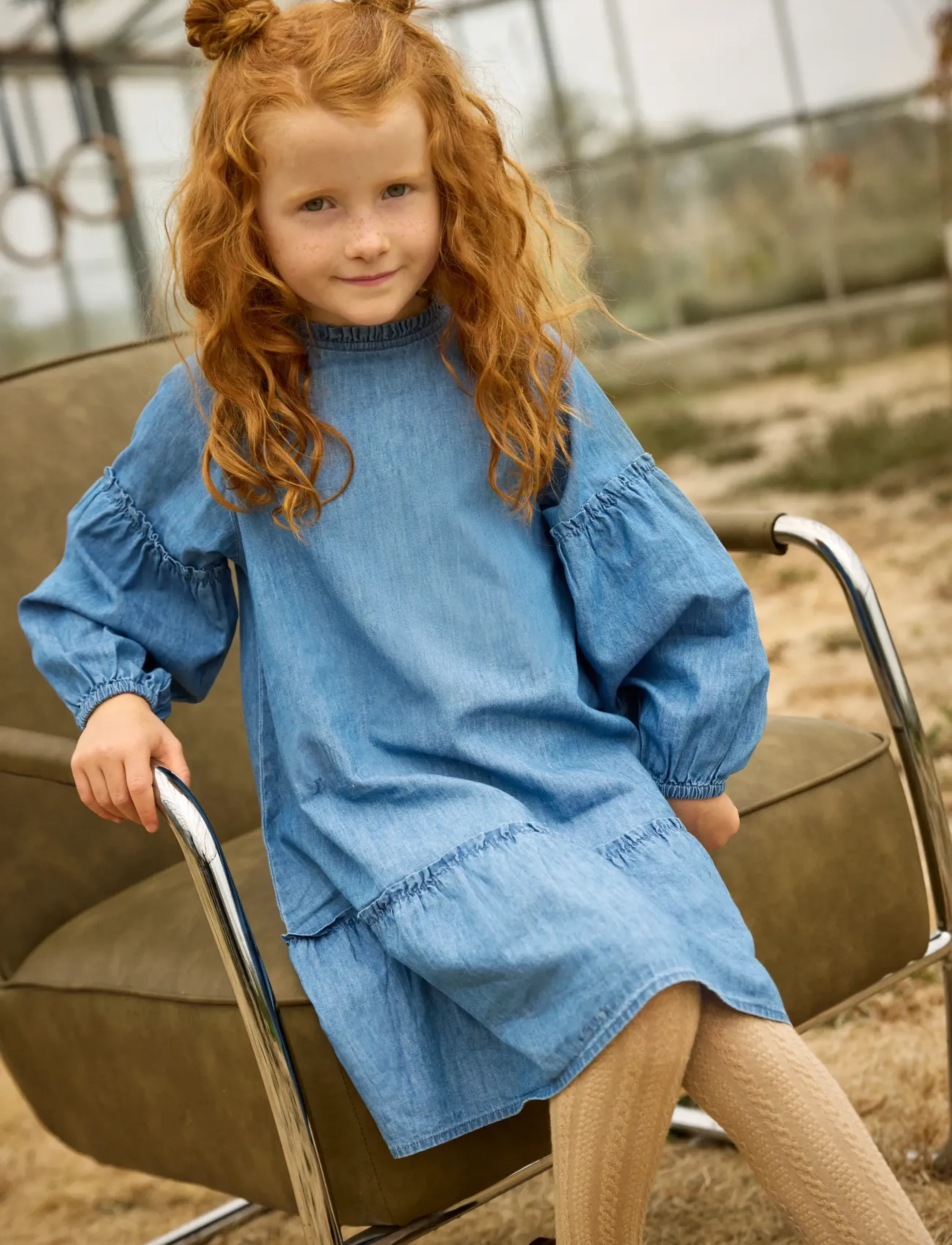 Minymo Dress Ls Chambray, 98, Casual Dresses, Blau - Long-sleeved Kinder