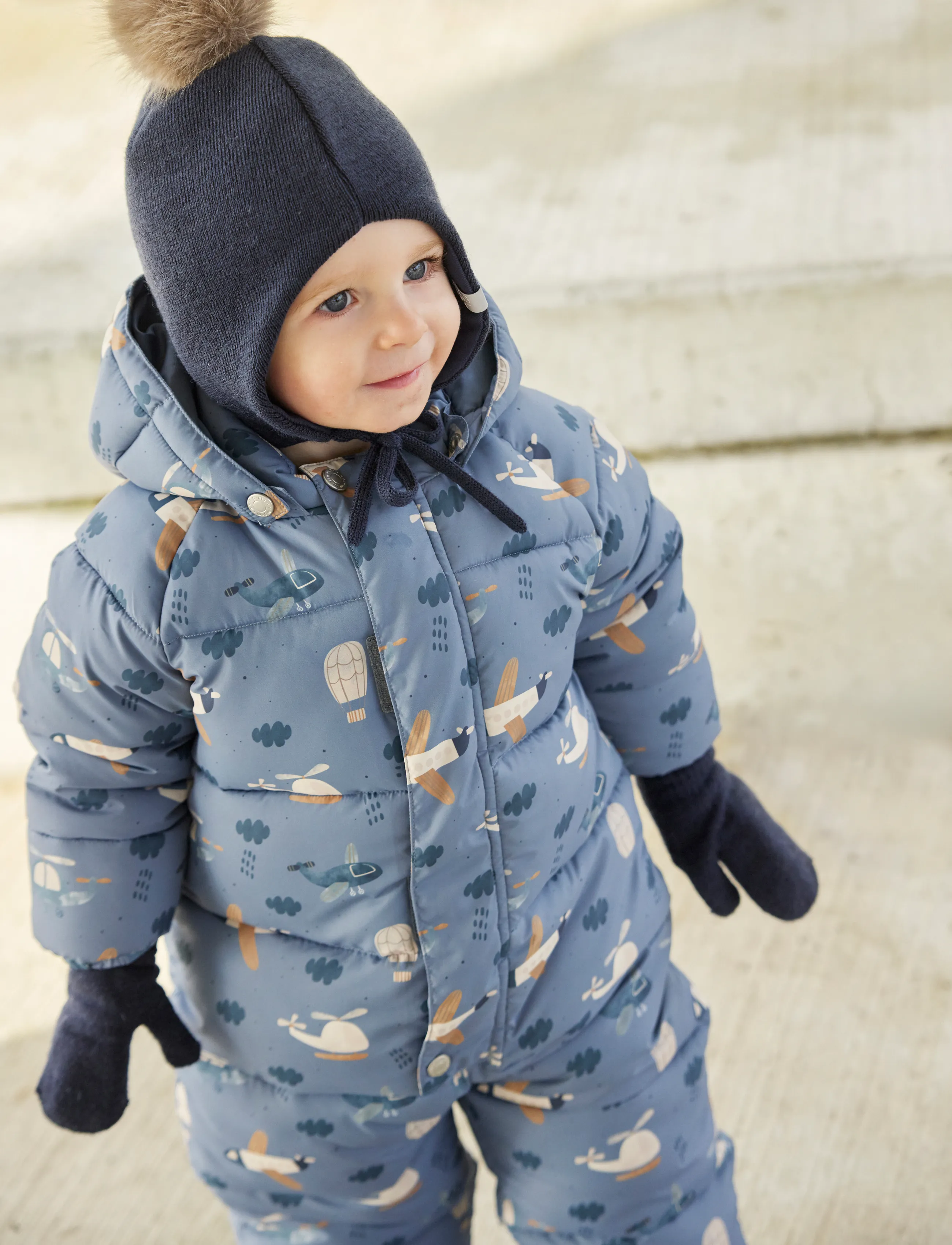Minymo Quilted Suit Aop, Børn, Vatteret Blomstret Flyverdragt, Blå, Str: 74