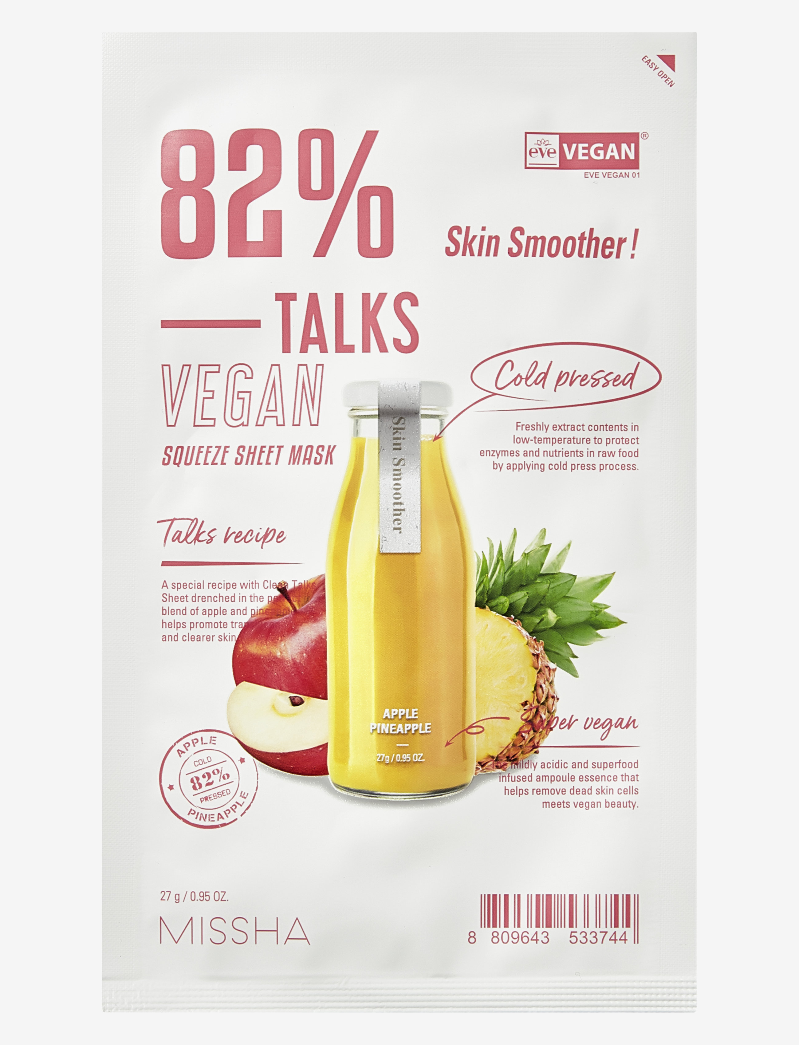 Missha Talks Vegan Squeeze Sheet Mask [Skin Smoother], Sheetmaske, Nude, Str: 27 g