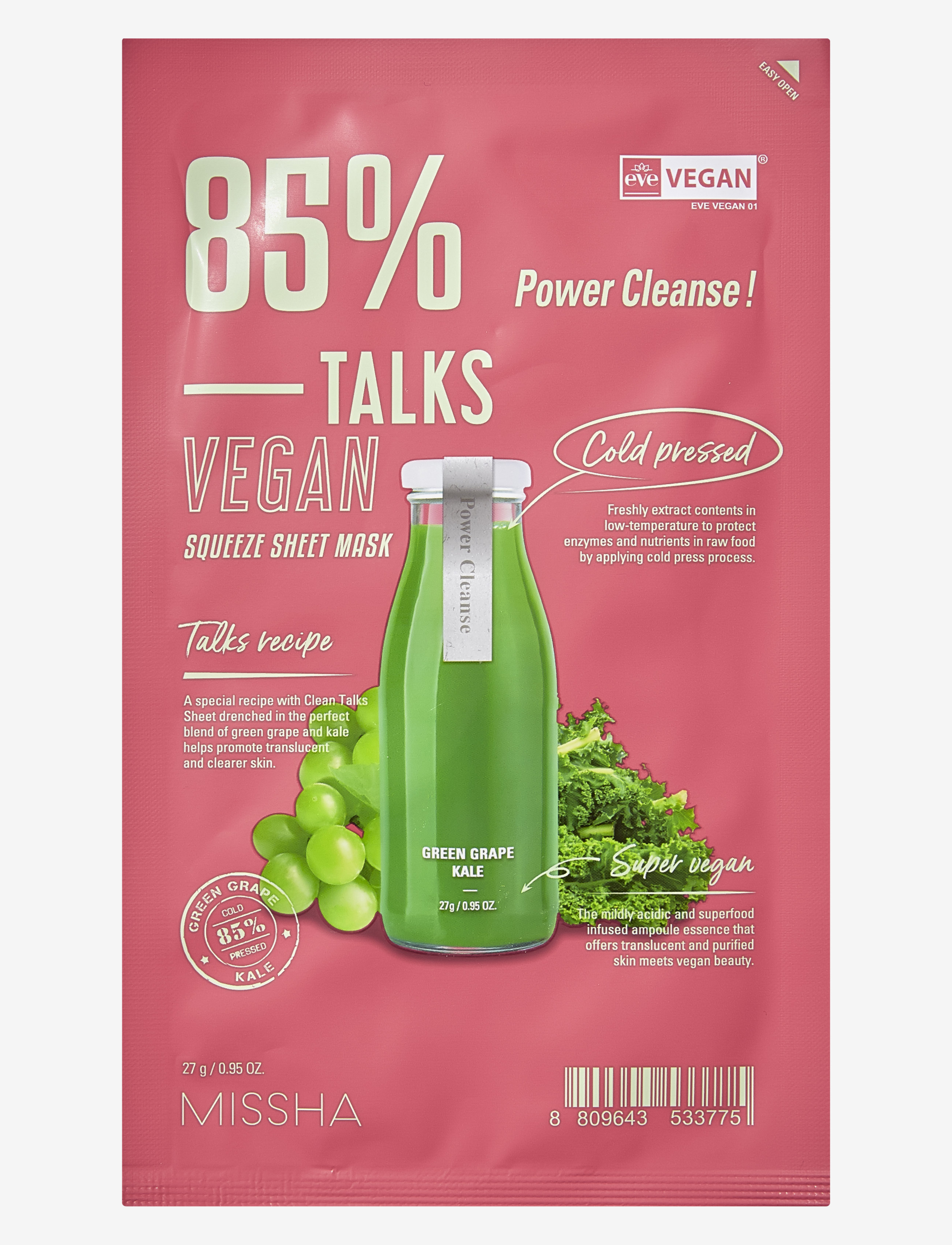 Missha Talks Vegan Squeeze Sheet Mask [Power Cleanse], Sheetmaske, Nude, Str: 27 g