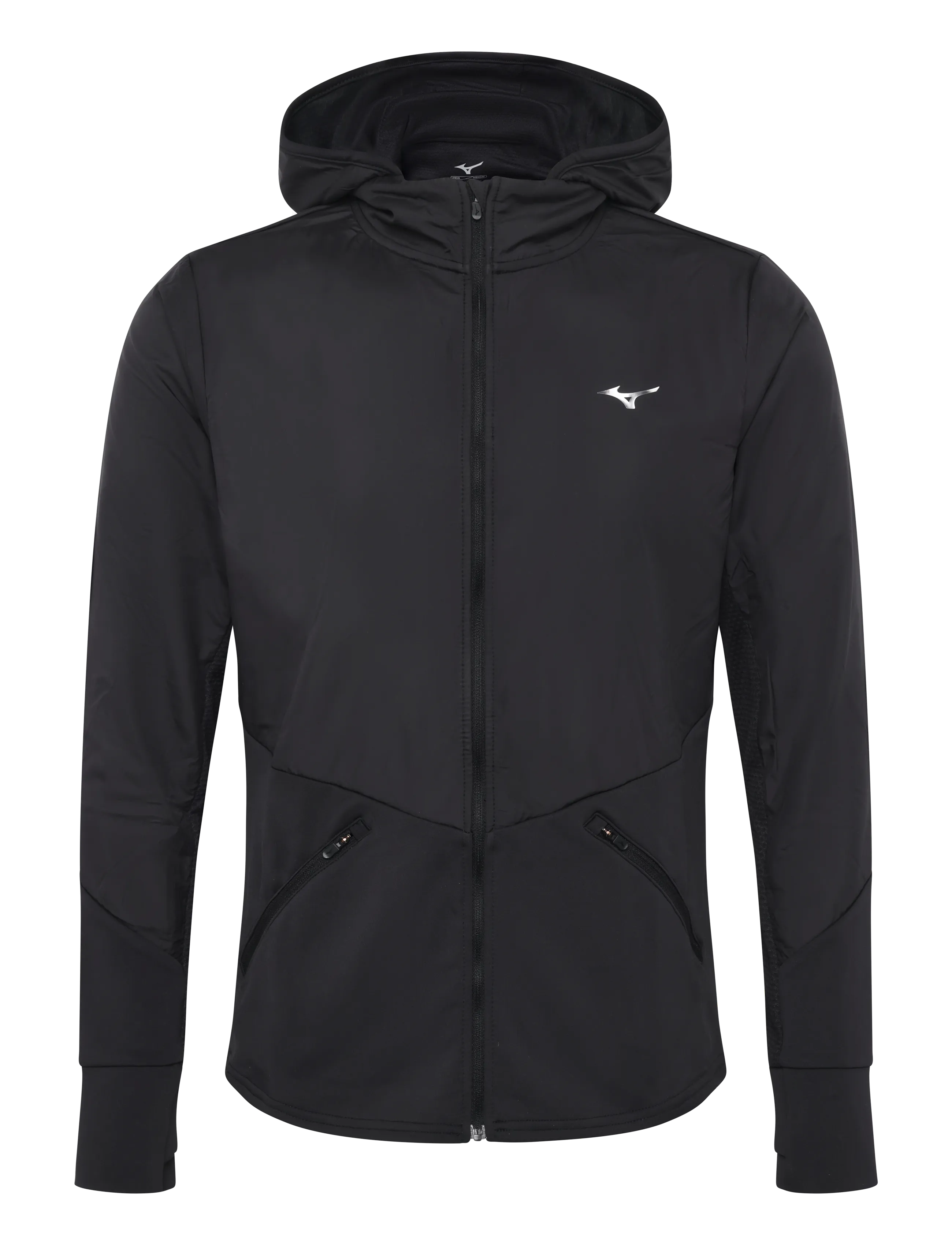 Mizuno Active Warmalite Hybrid Full Zip Hooded Long Sleeve Top - NRR - No Rules Running - BLACK / black