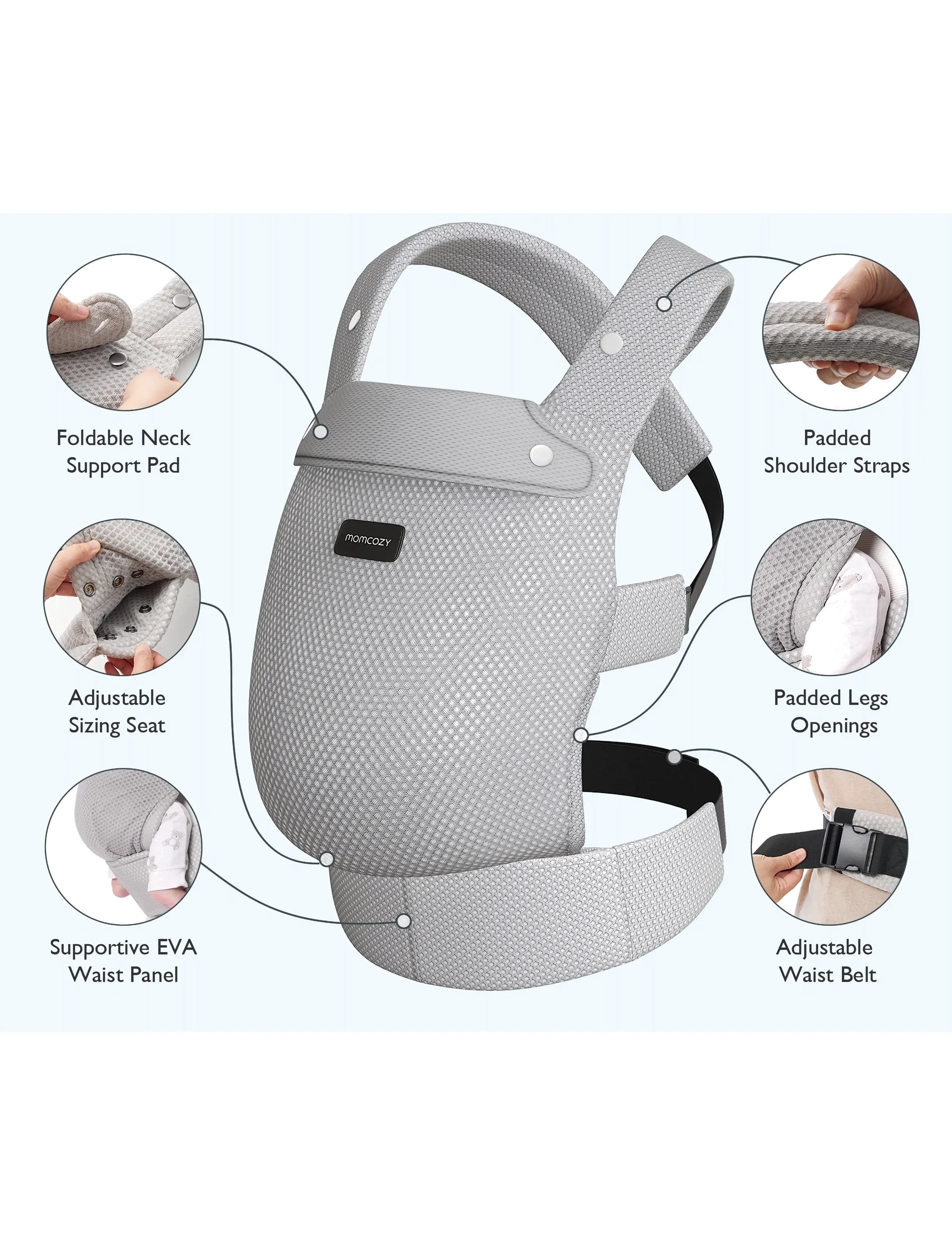 Momcozy - Momcozy  Newborn to Toddler Air Mesh Soft Structured Carrier Grey - babytragen - grey - 3