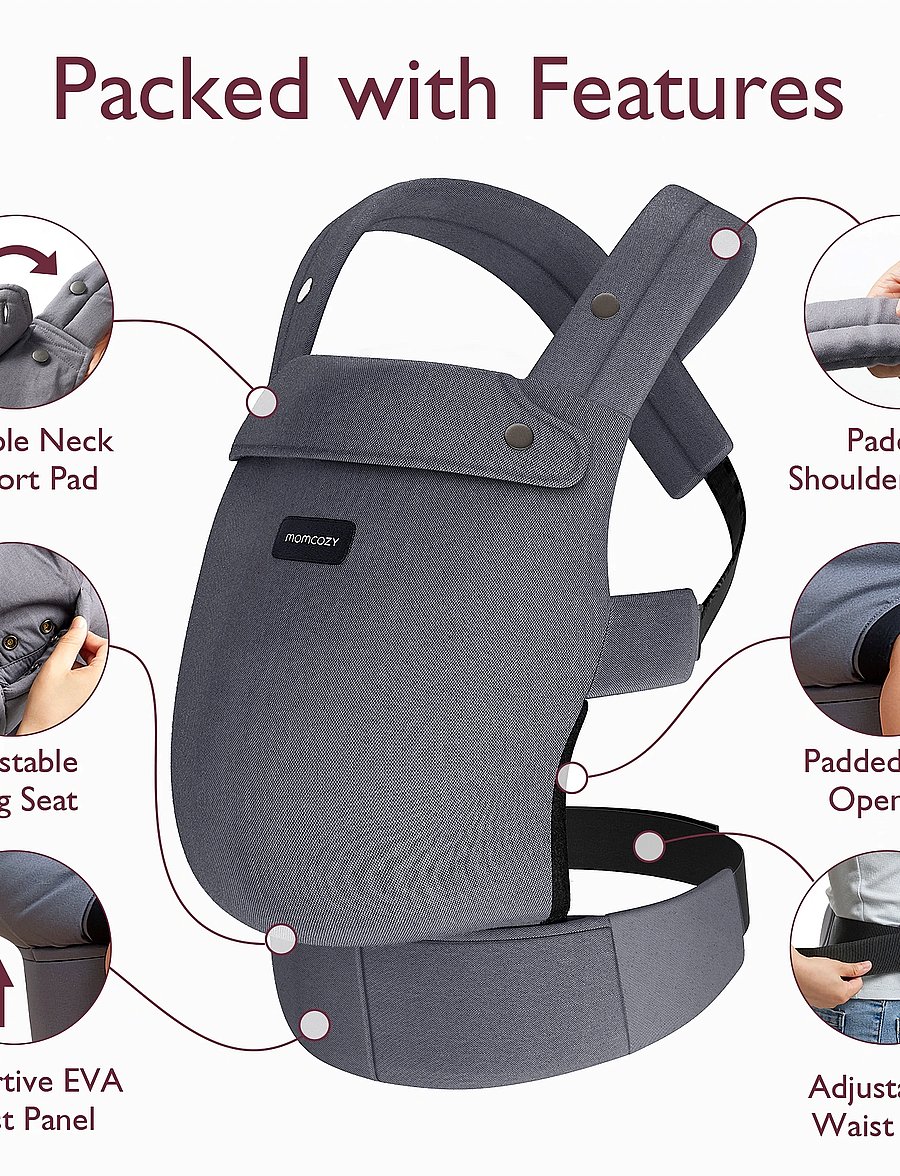 Momcozy - Momcozy Newborn to Toddler Cotton Soft Structured Carrier Grey - bæreseler - grey - 3