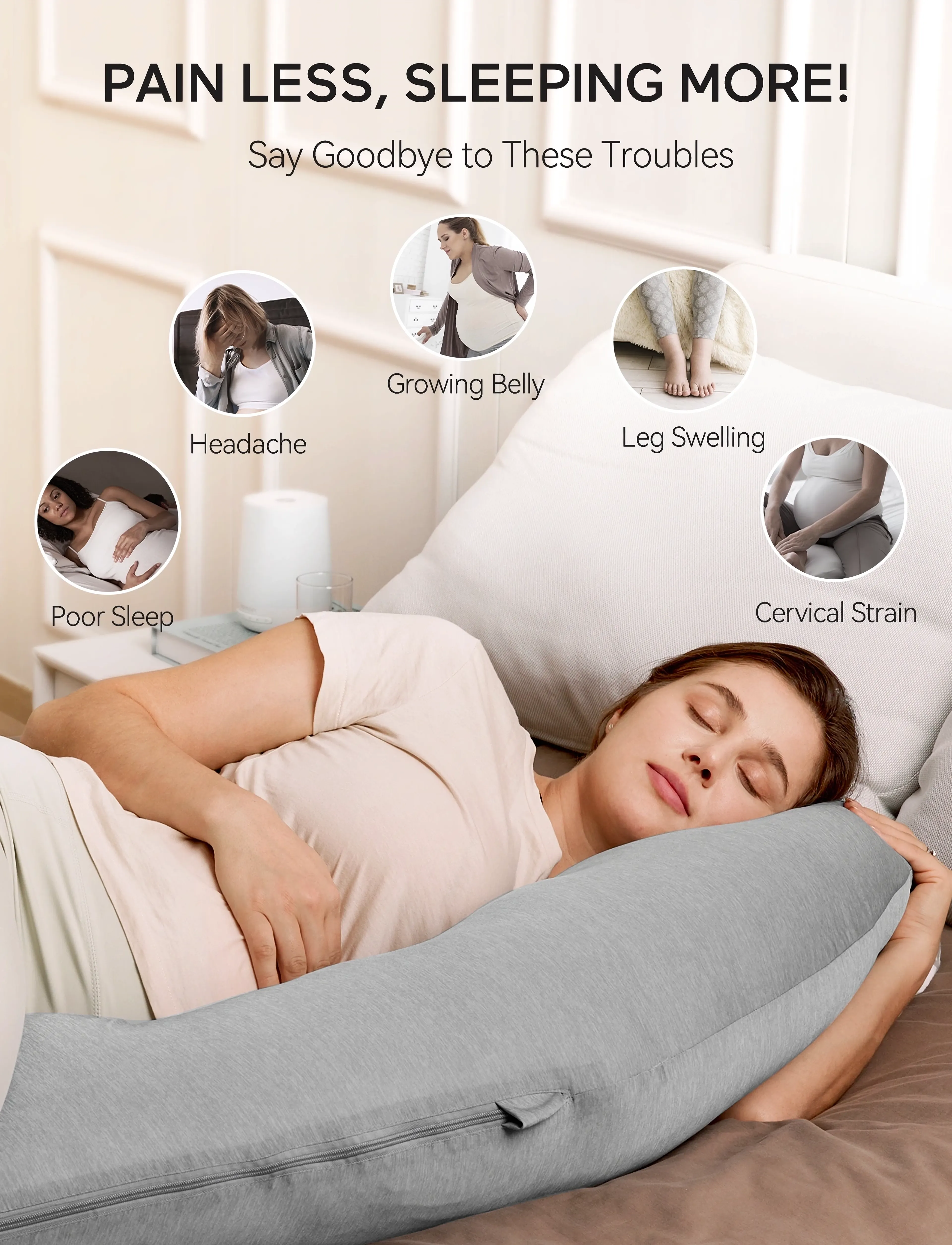 Momcozy - Momcozy  J Shaped Jersey Fabric Pregnancy Pillow Light Grey - light grey - 4