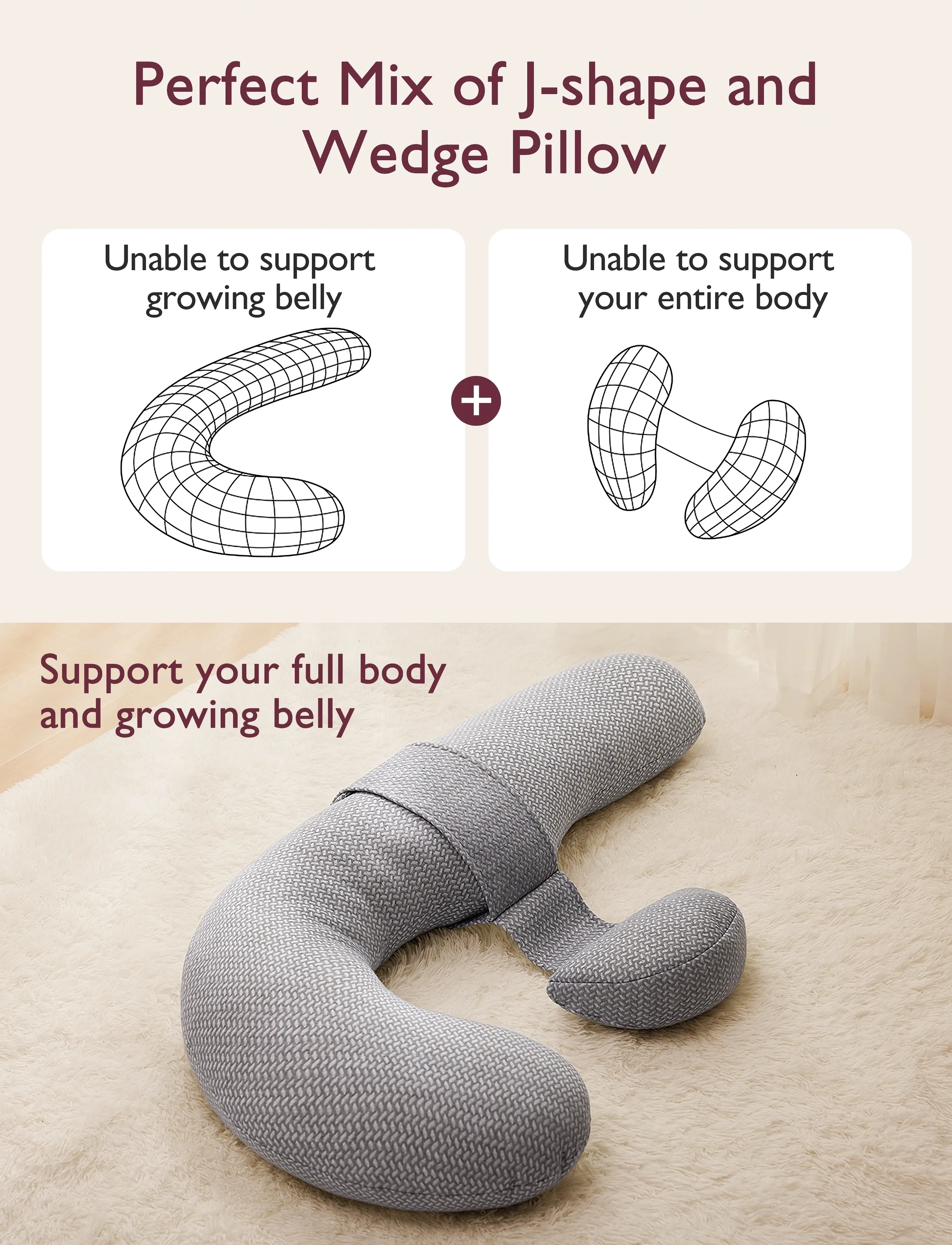 Momcozy - Momcozy  F Shaped Velvet Pregnancy Pillow Grey - puder - grey - 4