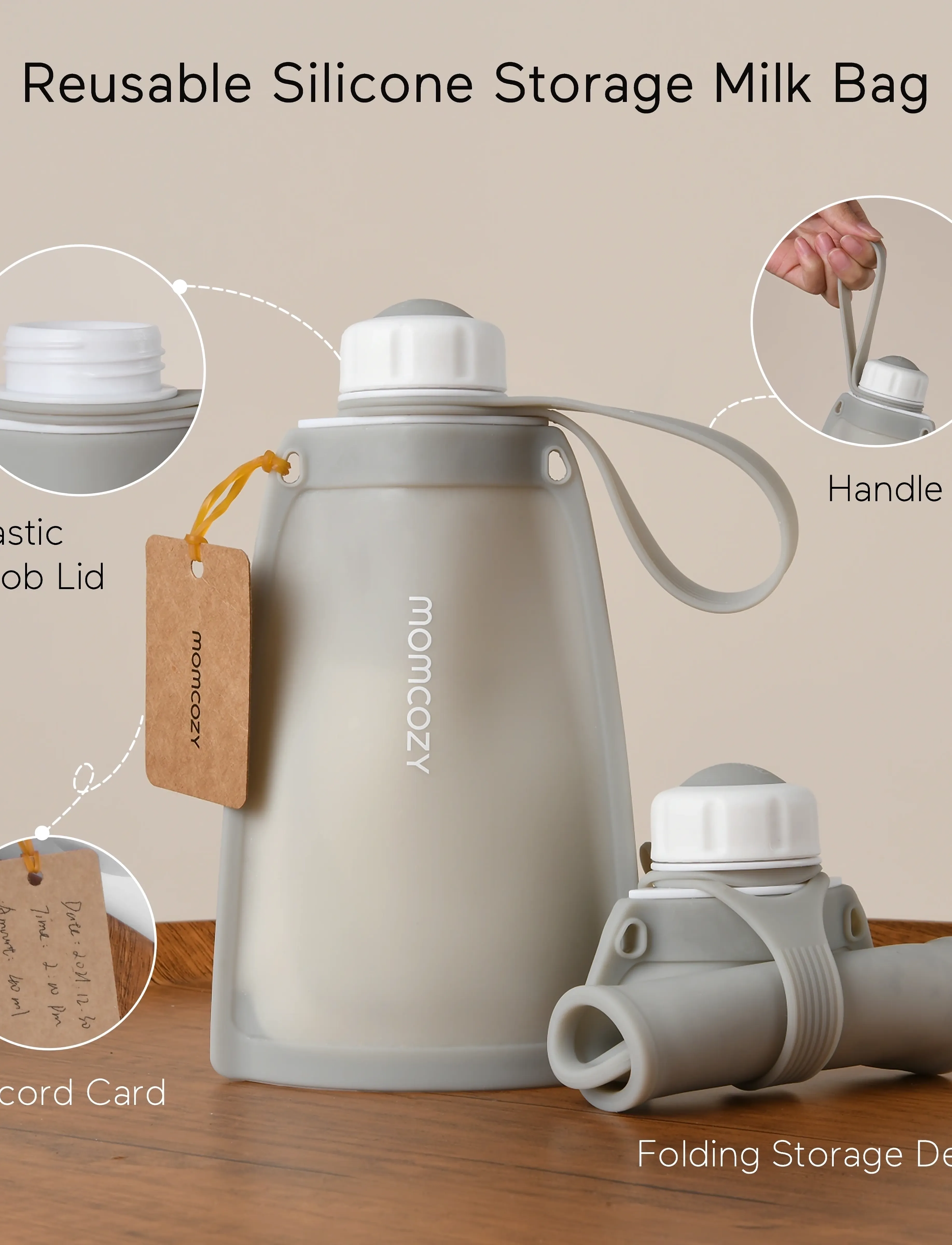 Momcozy Silicone Milk Storage Bags Grey 5Pcs, Silikone Mælkeopbevaringsposer, Grå, Str: ONE SIZE
