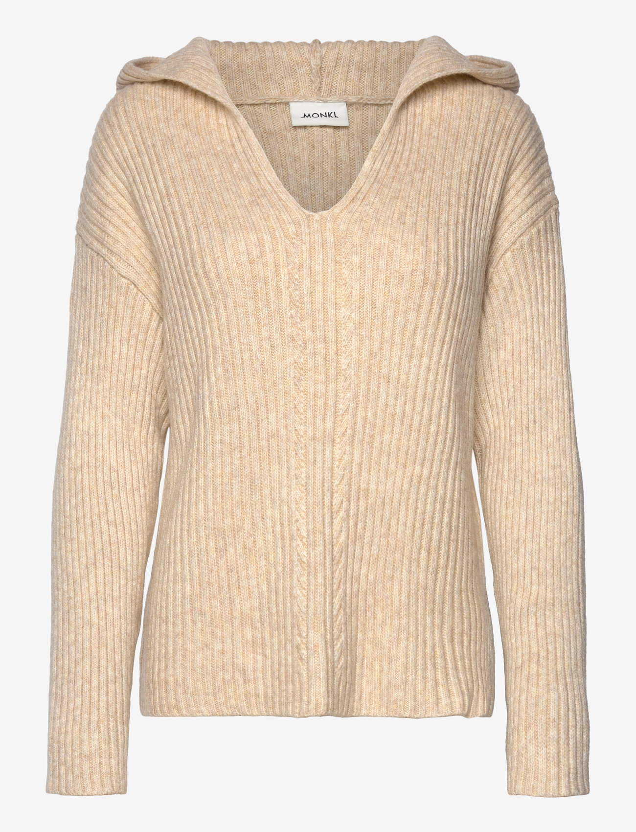Monki - Rib knit wool blend hooded sweater - stickade tröjor - dusty beige - 0