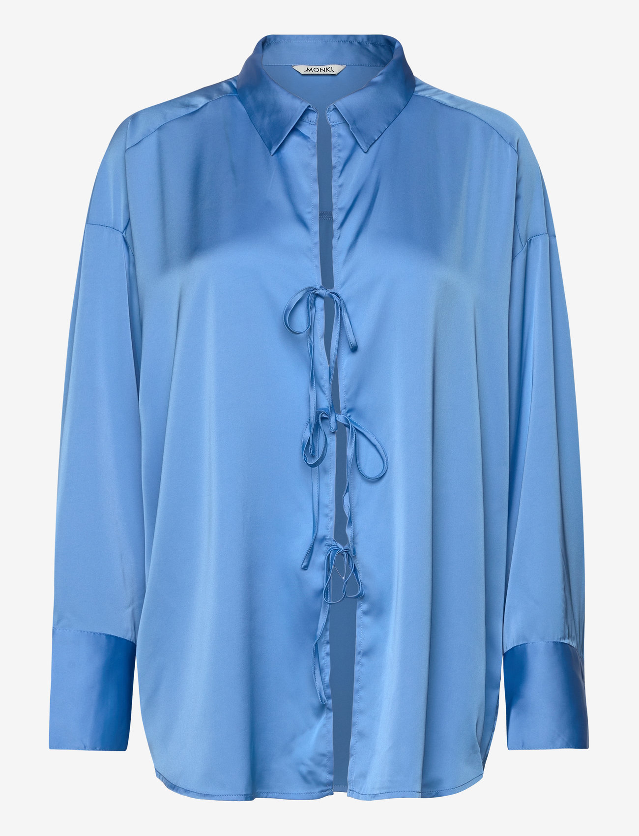 Monki - Tiedetail relaxed satin shirt - long-sleeved shirts - light blue - 0