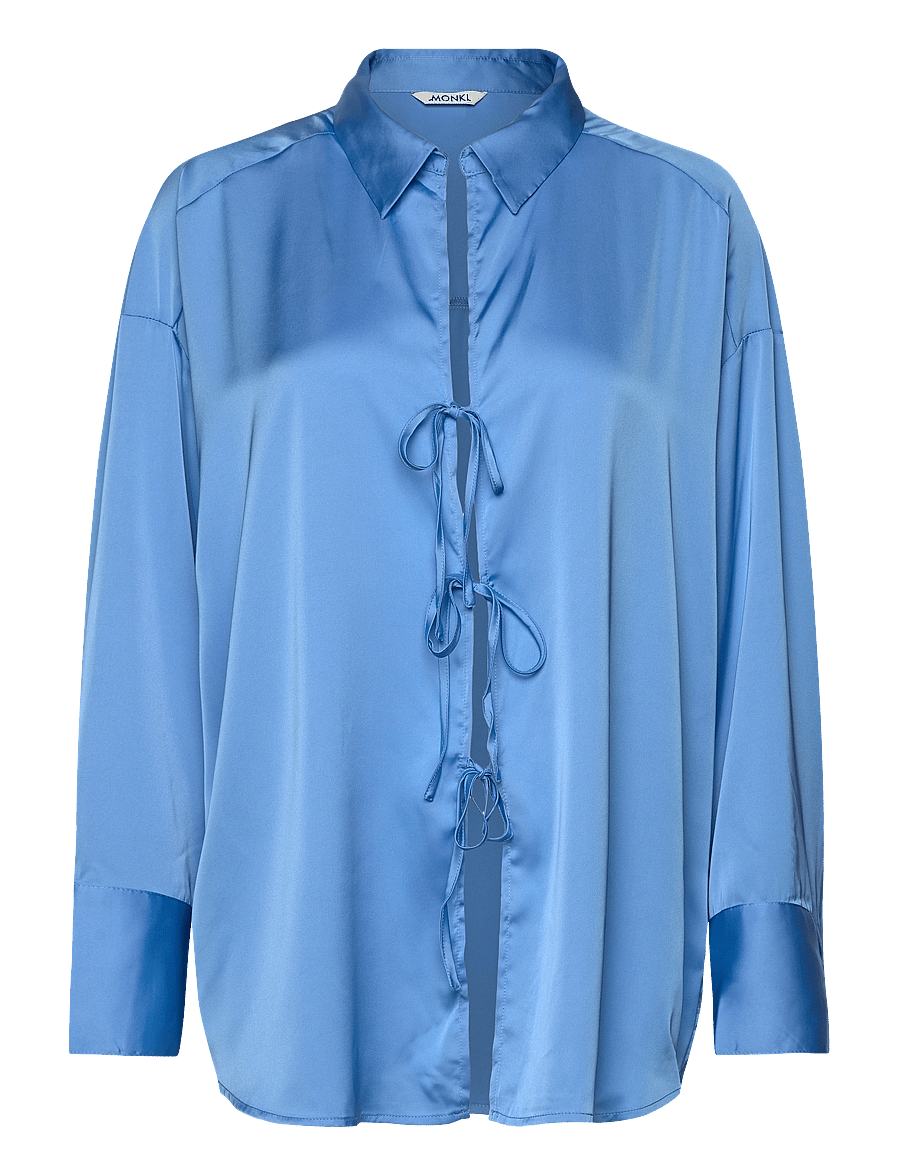 Monki - Tiedetail relaxed satin shirt - langærmede skjorter - light blue - 0