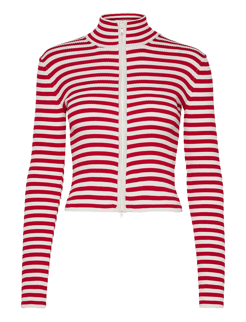 Monki - Cropped Knitted Zip Cardigan - koftor - red & white stripes - 0