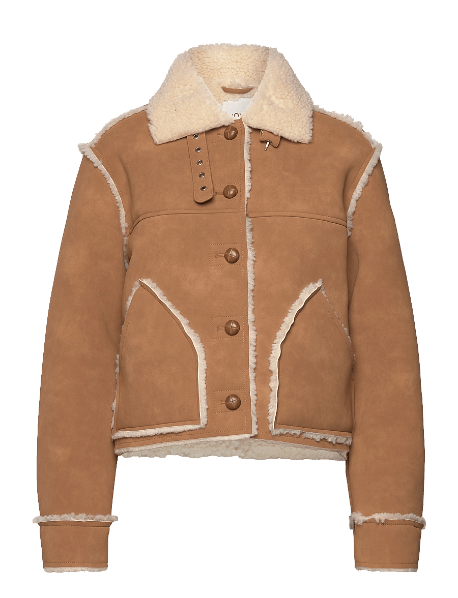 Monki - Faux Leather Shearling Jacket - fuskpäls - brown medium dusty - 0