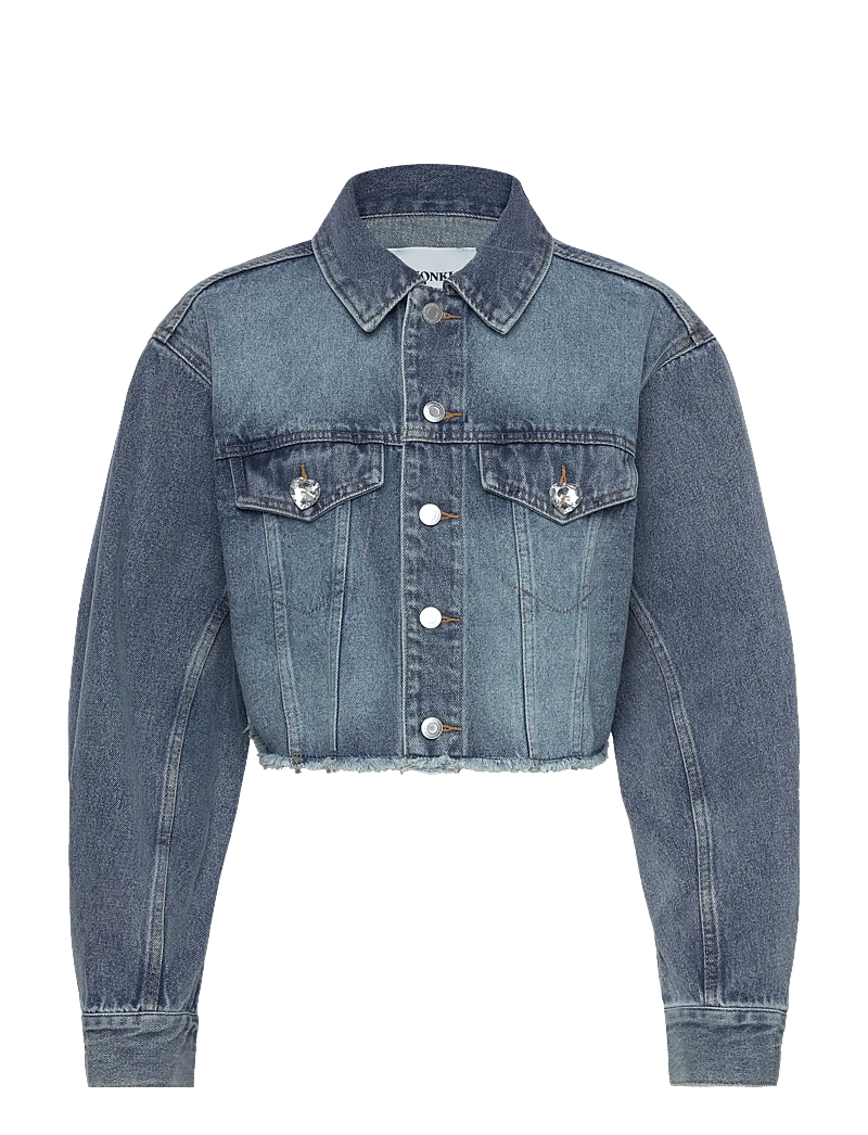 Monki - Cropped Oversized Barrel-Sleeved Denim Jacket - denimjakker - blue medium dusty - 0