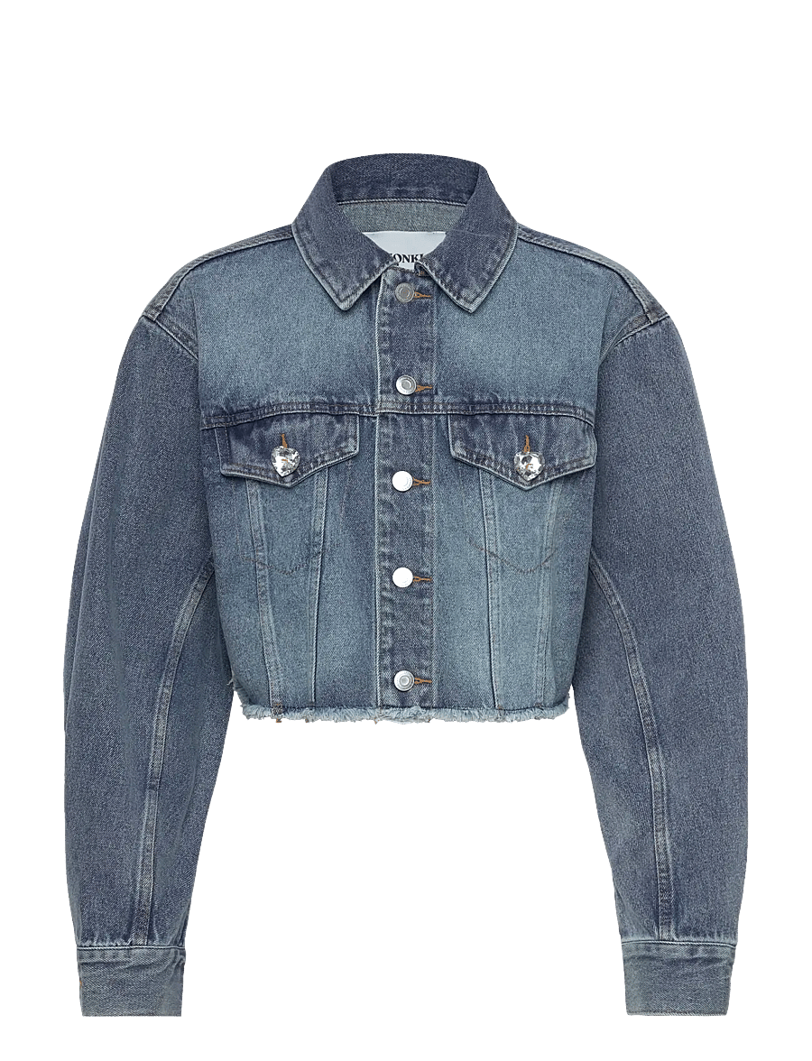 Monki - Cropped Oversized Barrel-Sleeved Denim Jacket - denim jackets - blue medium dusty - 0