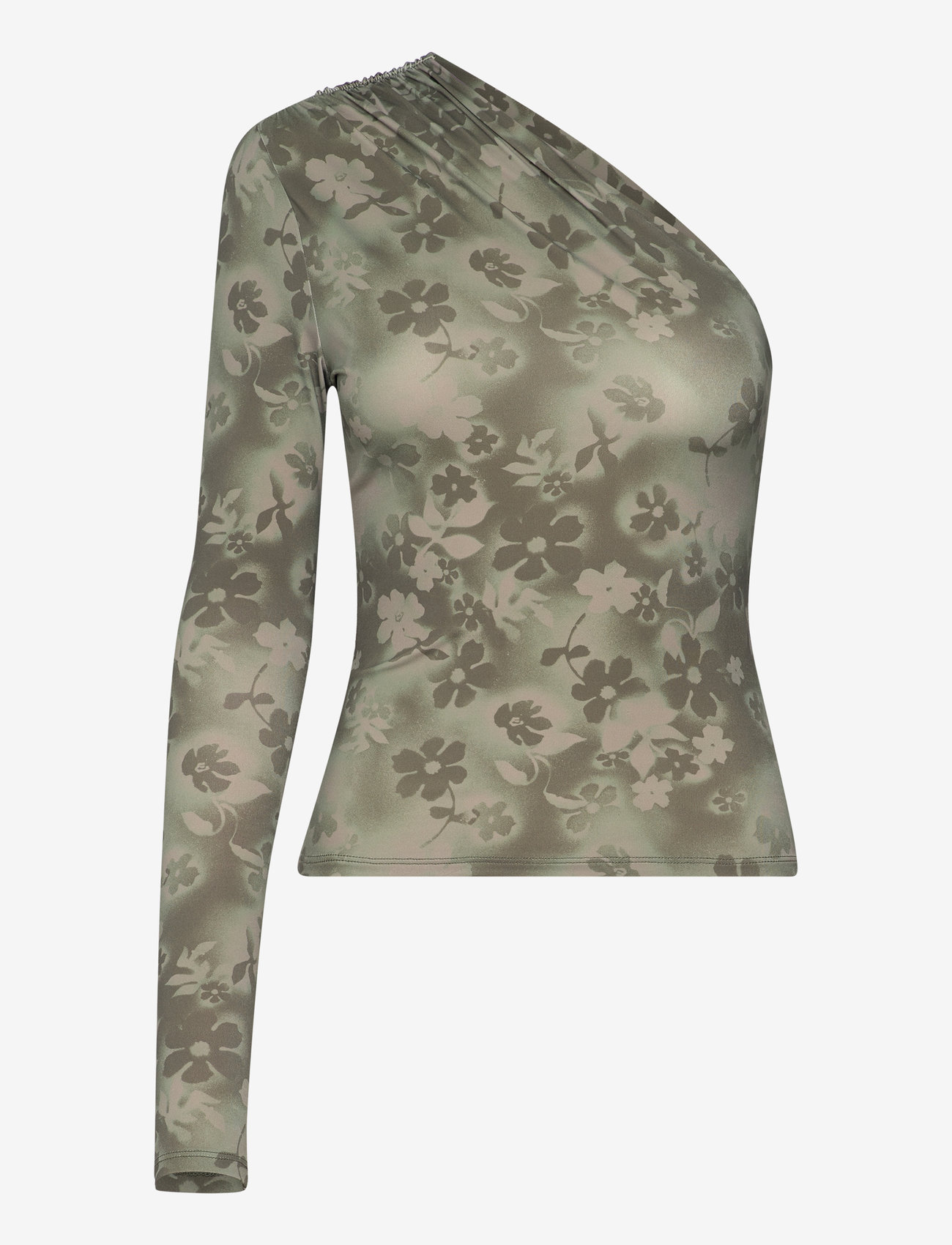 Monki - Draped One-Shoulder Nylon Top - långärmade toppar - khaki green medium dusty - 0