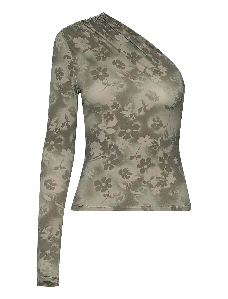 Monki - Draped One-Shoulder Nylon Top - långärmade toppar - khaki green medium dusty - 0