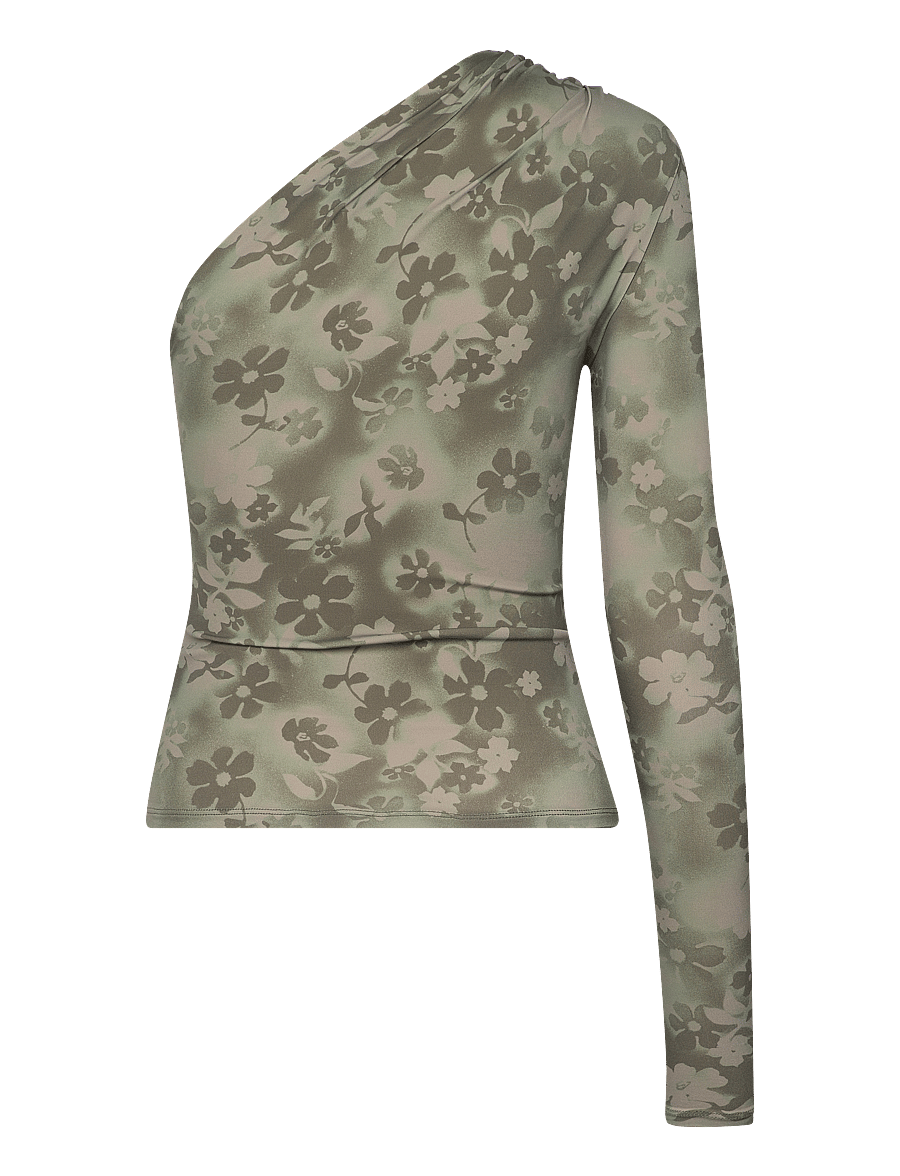 Monki - Draped One-Shoulder Nylon Top - långärmade toppar - khaki green medium dusty - 1