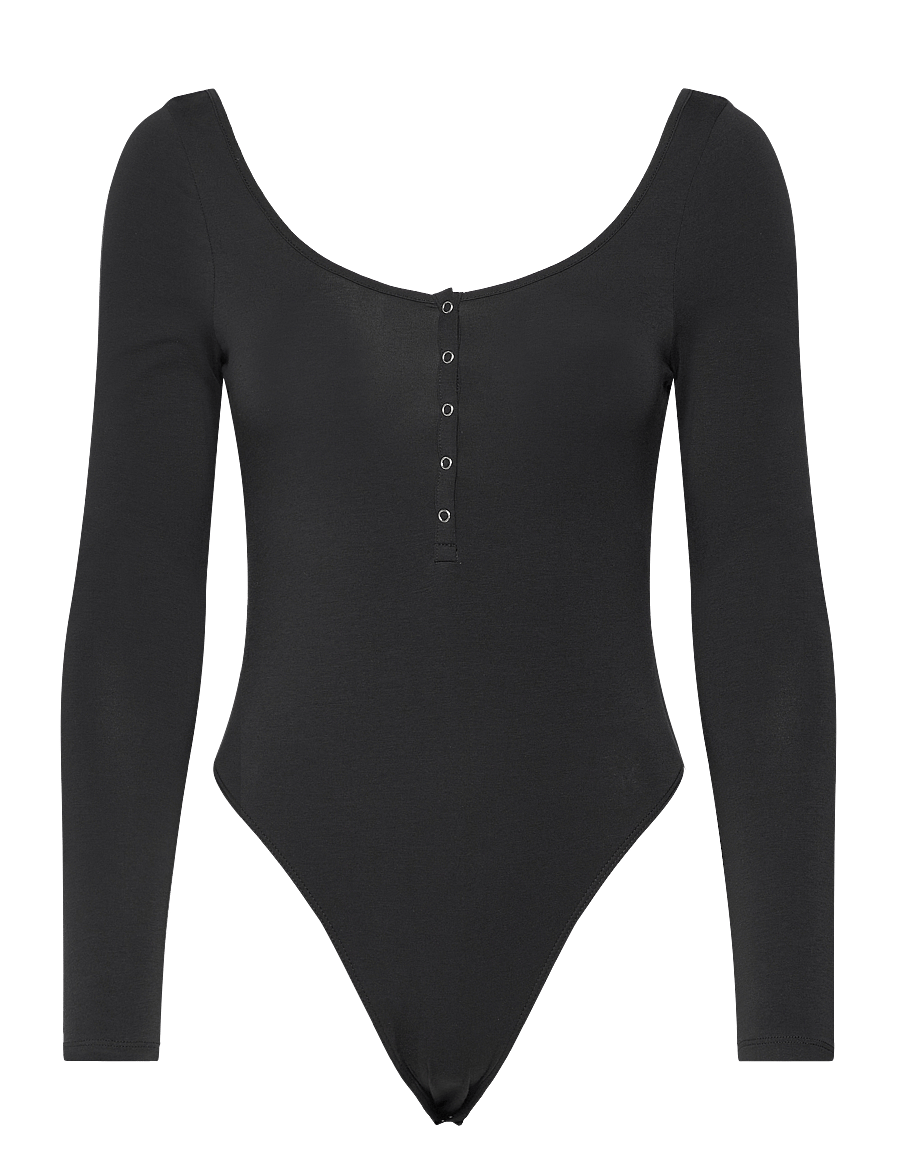 Monki - Long-Sleeved Cotton Henley Bodysuit - bodies - black dark - 0