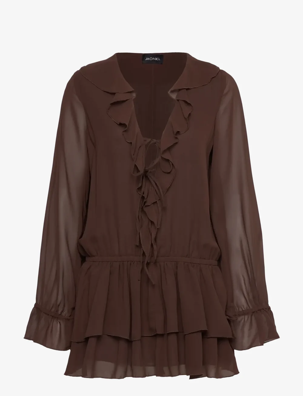 Monki - Frilled V-neck Mini Dress - korta klänningar - brown dark - 0