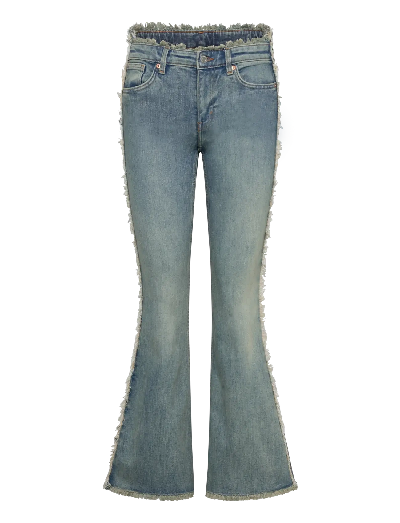 Monki Katsumi Low Waist Patchwork Flared Jeans - Transitional Layering - BLUE MEDIUM DUSTY / blue