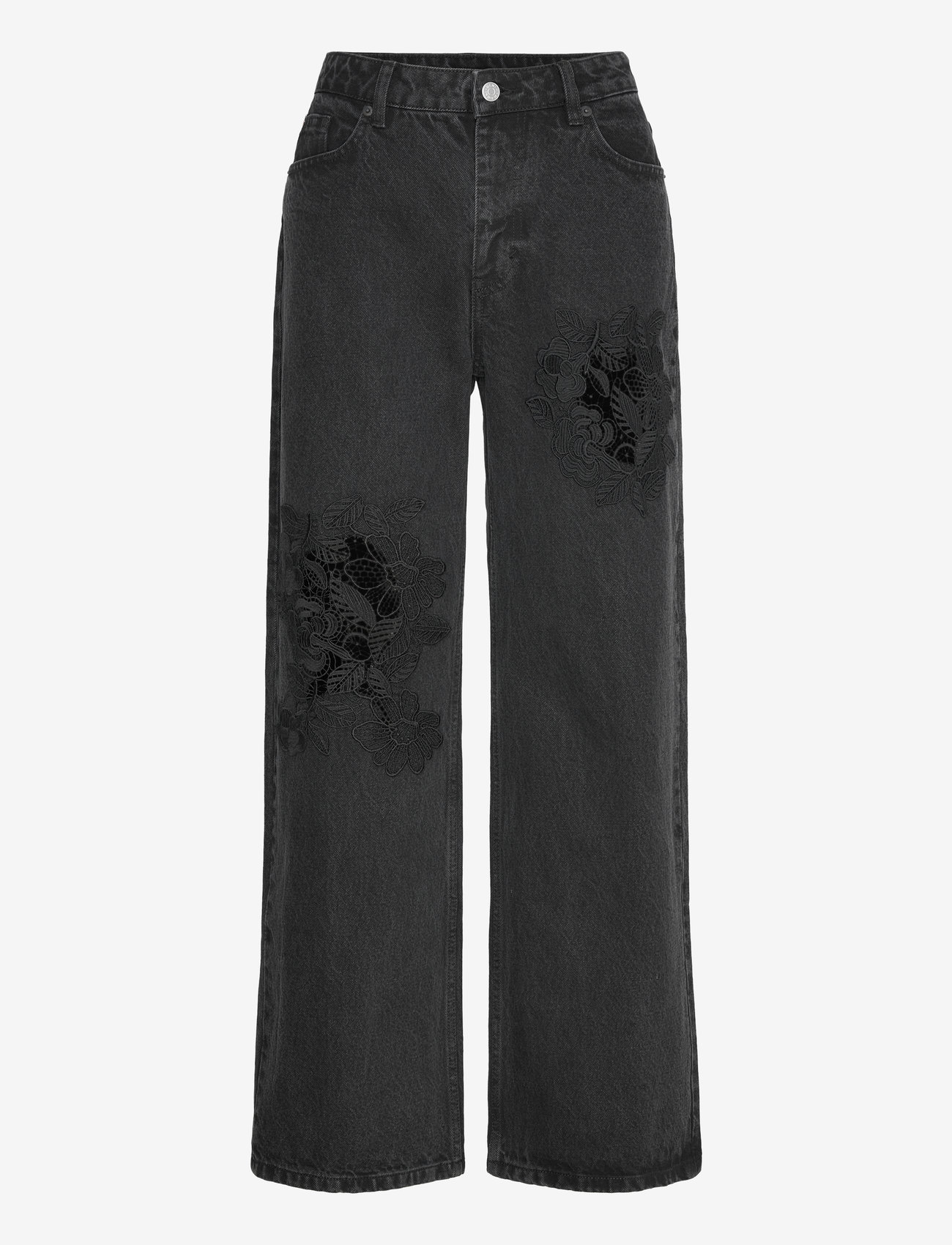 Monki - MISSY LW LOOSE JEANS EMB. - brede jeans - black dark - 0